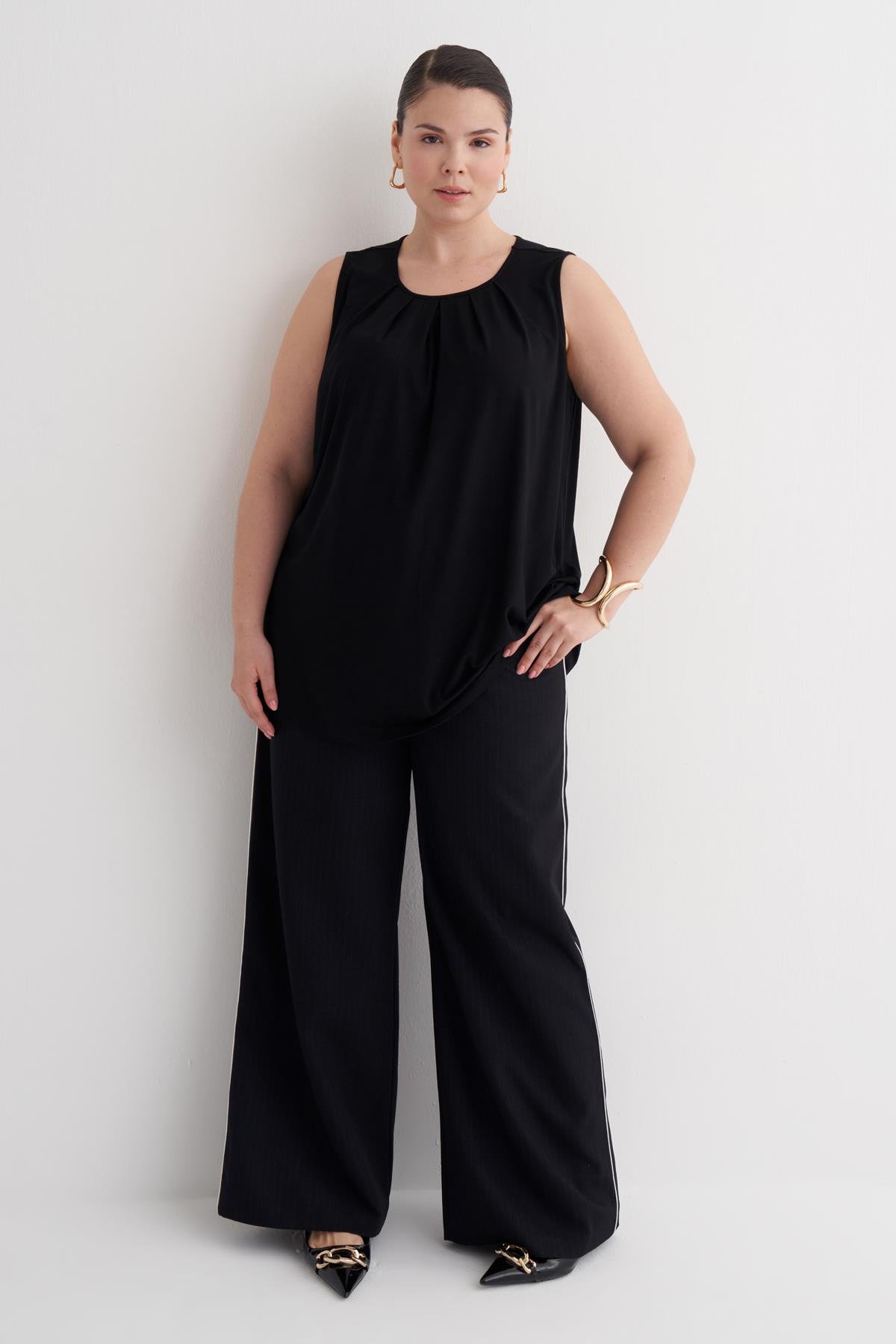 Myline-Pile Detaylı Örme Bluz-Büyük Beden Tişört-149870