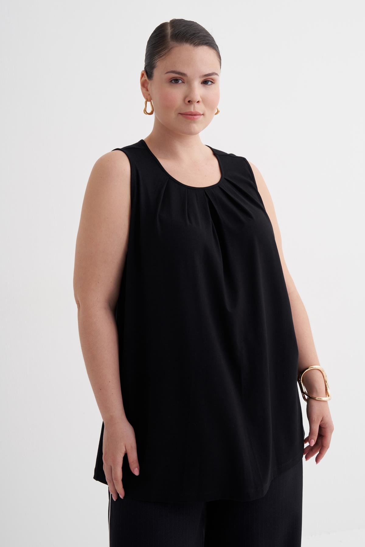 Myline-Pile Detaylı Örme Bluz-Büyük Beden Tişört-149870