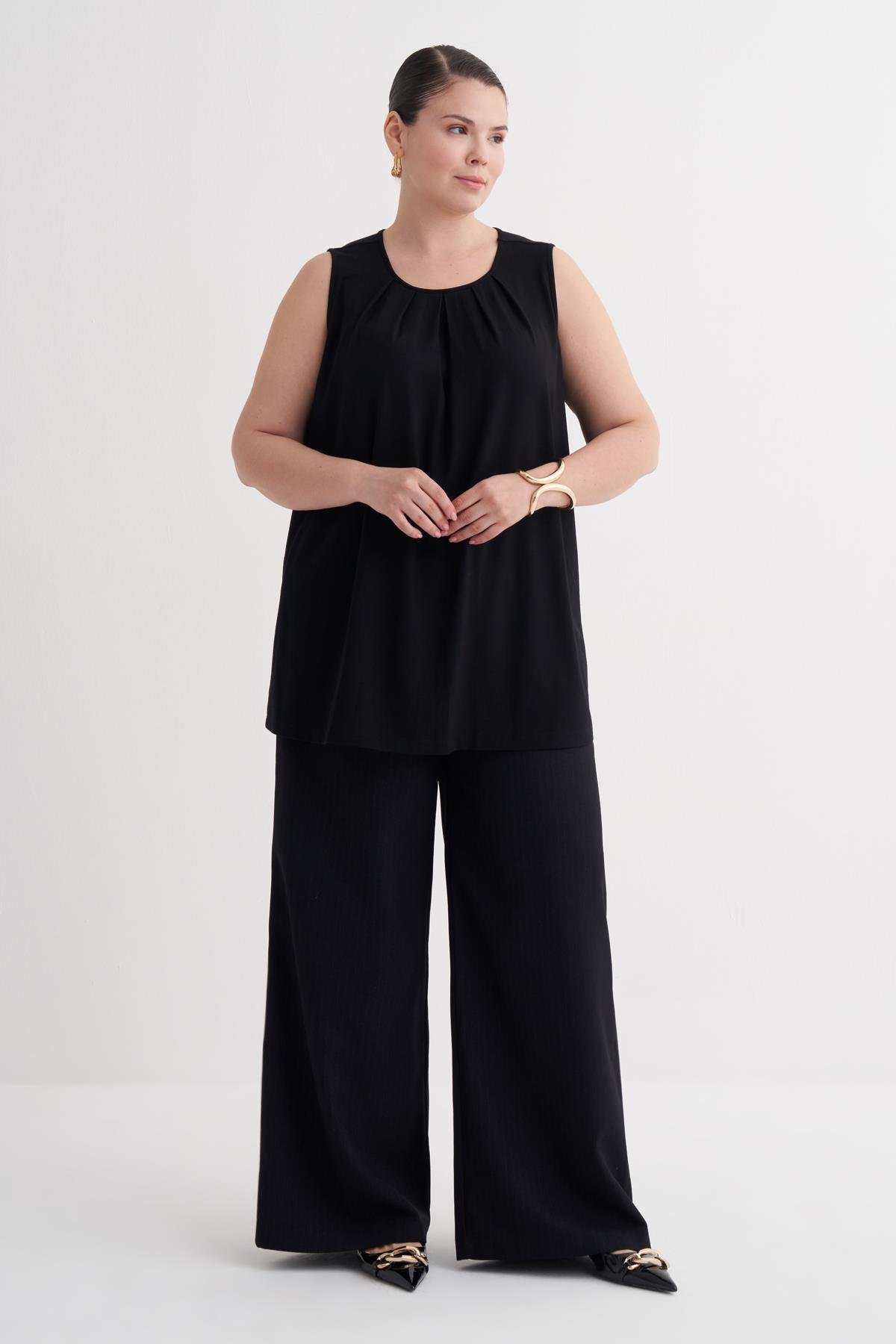 Myline-Pile Detaylı Örme Bluz-Büyük Beden Tişört-149870