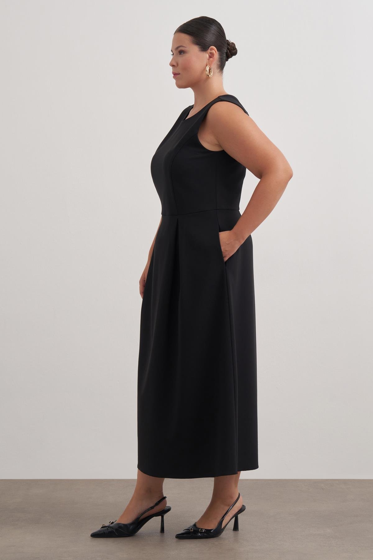 Myline-Pileli Kolsuz Cepli Uzun Elbise-Büyük Beden Elbise-149553