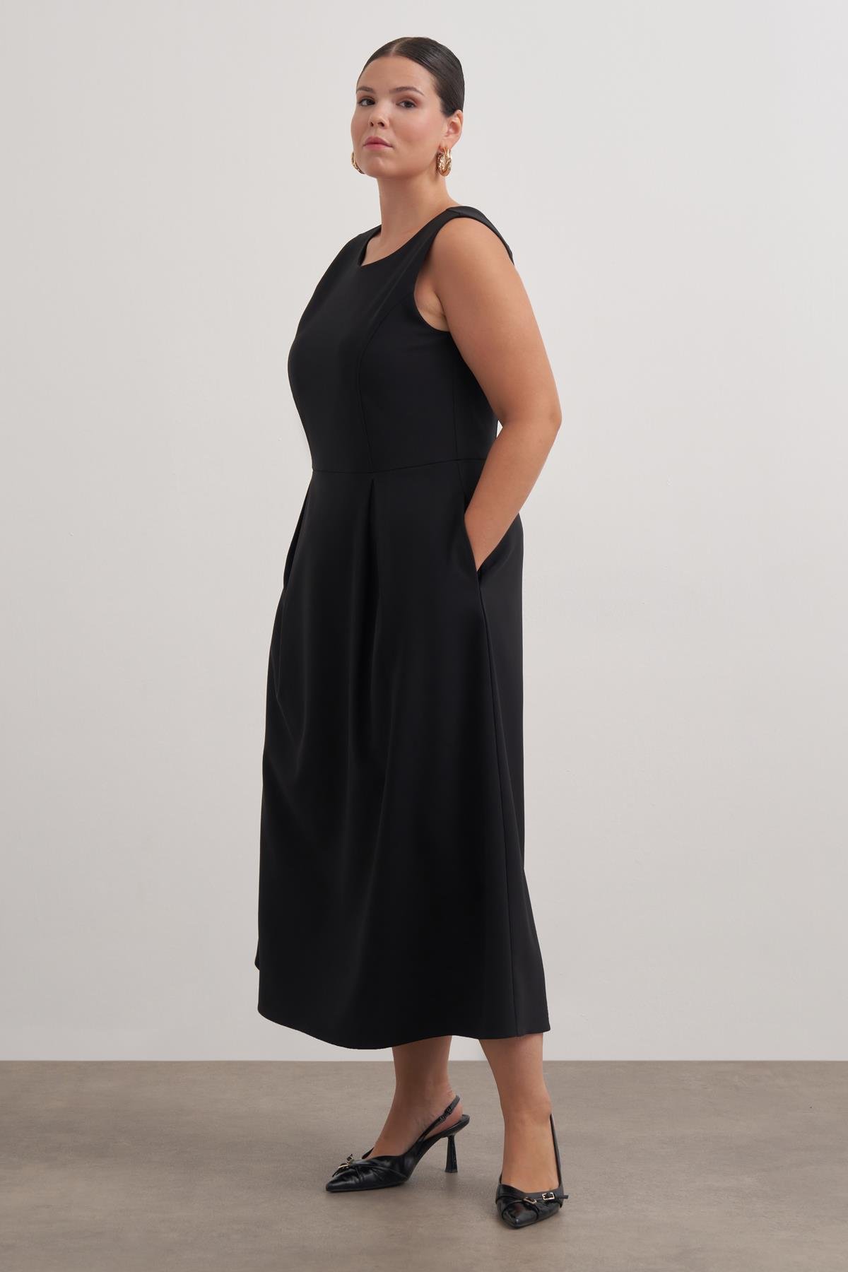 Myline-Pileli Kolsuz Cepli Uzun Elbise-Büyük Beden Elbise-149553