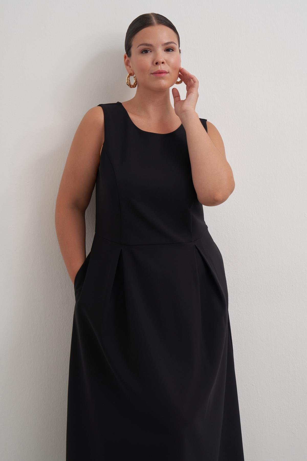 Myline-Pileli Kolsuz Cepli Uzun Elbise-Büyük Beden Elbise-149553