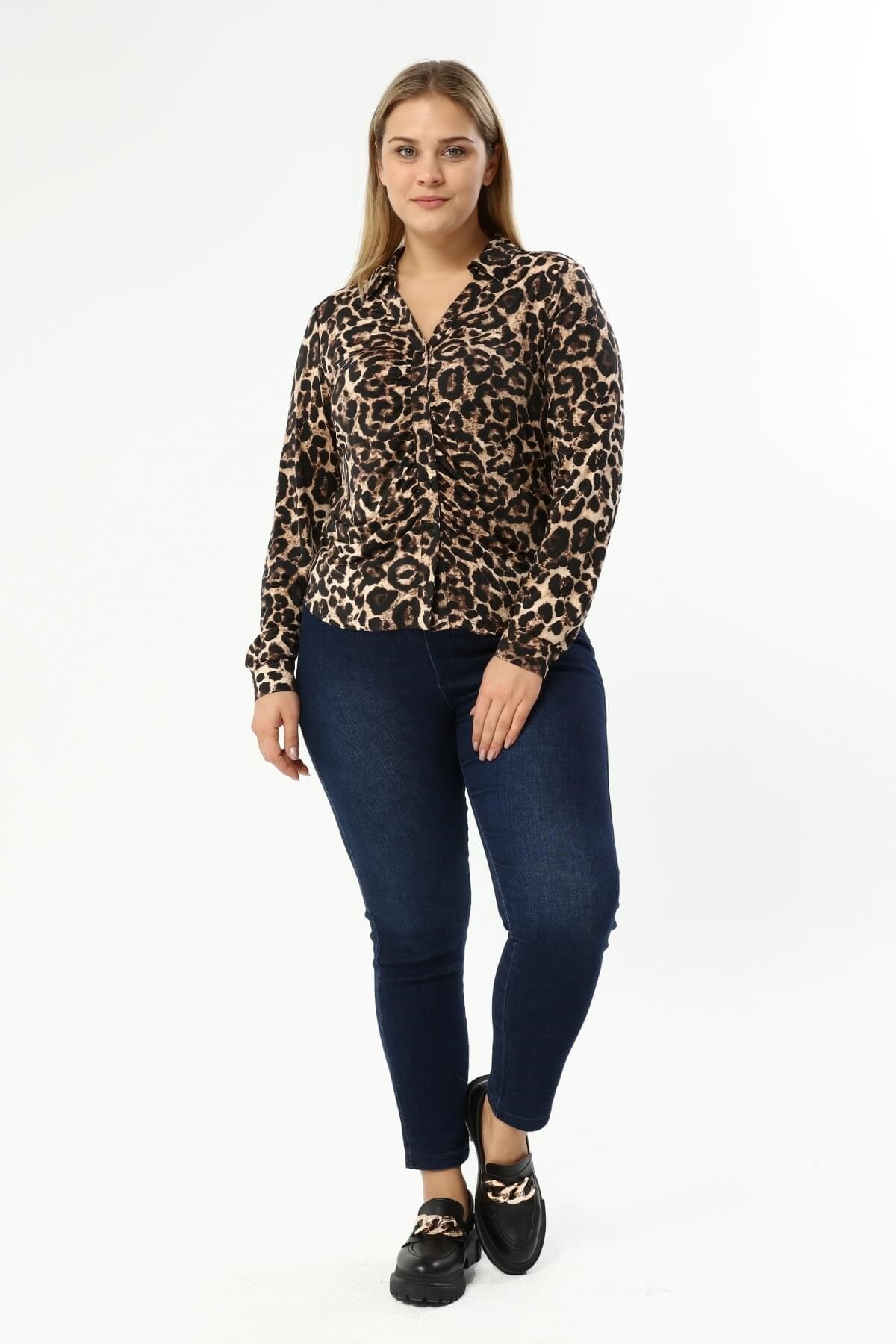 Myline-Pilili Leopar Desenli Bluz-Büyük Beden Bluz-77259