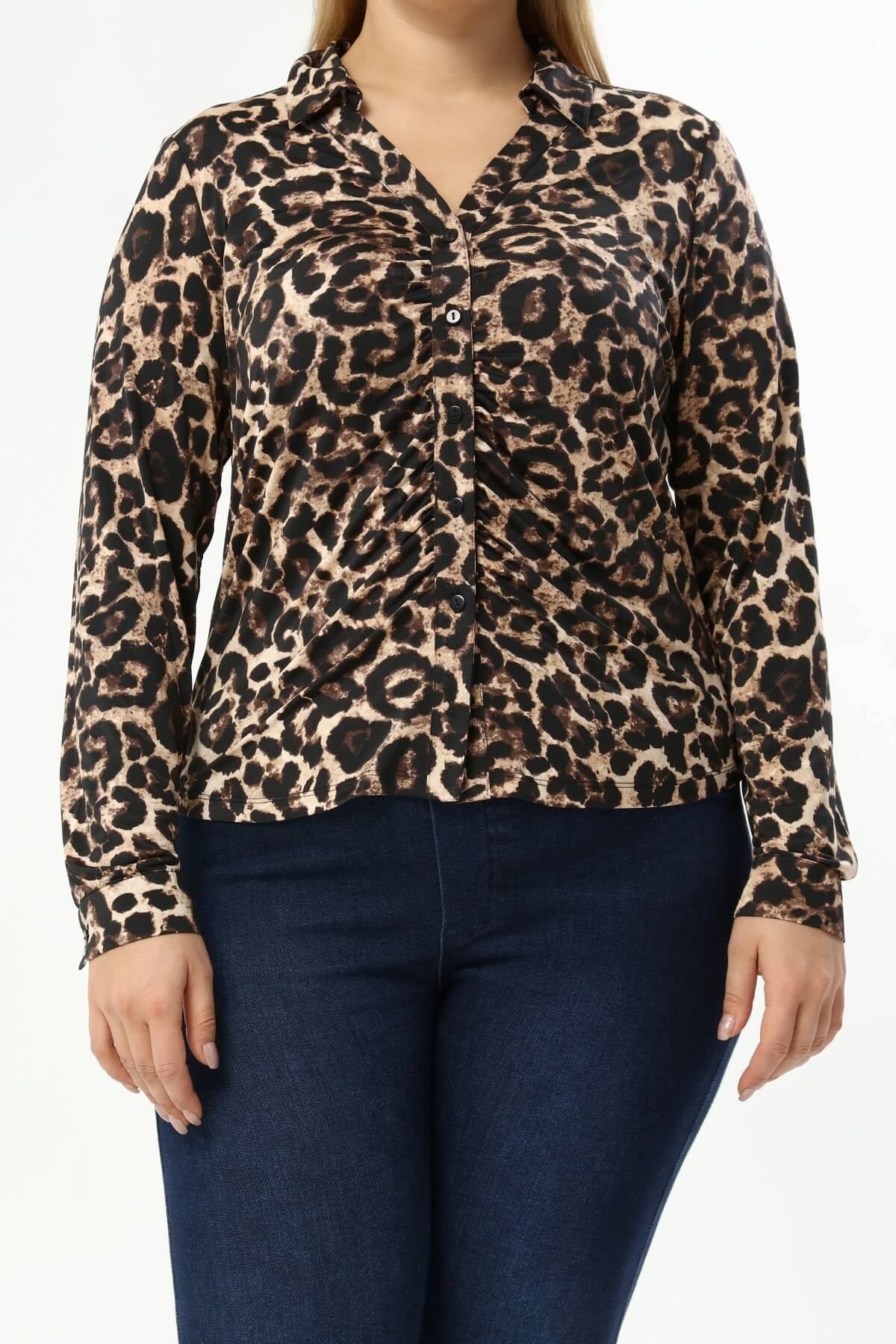 Myline-Pilili Leopar Desenli Bluz-Büyük Beden Bluz-77259