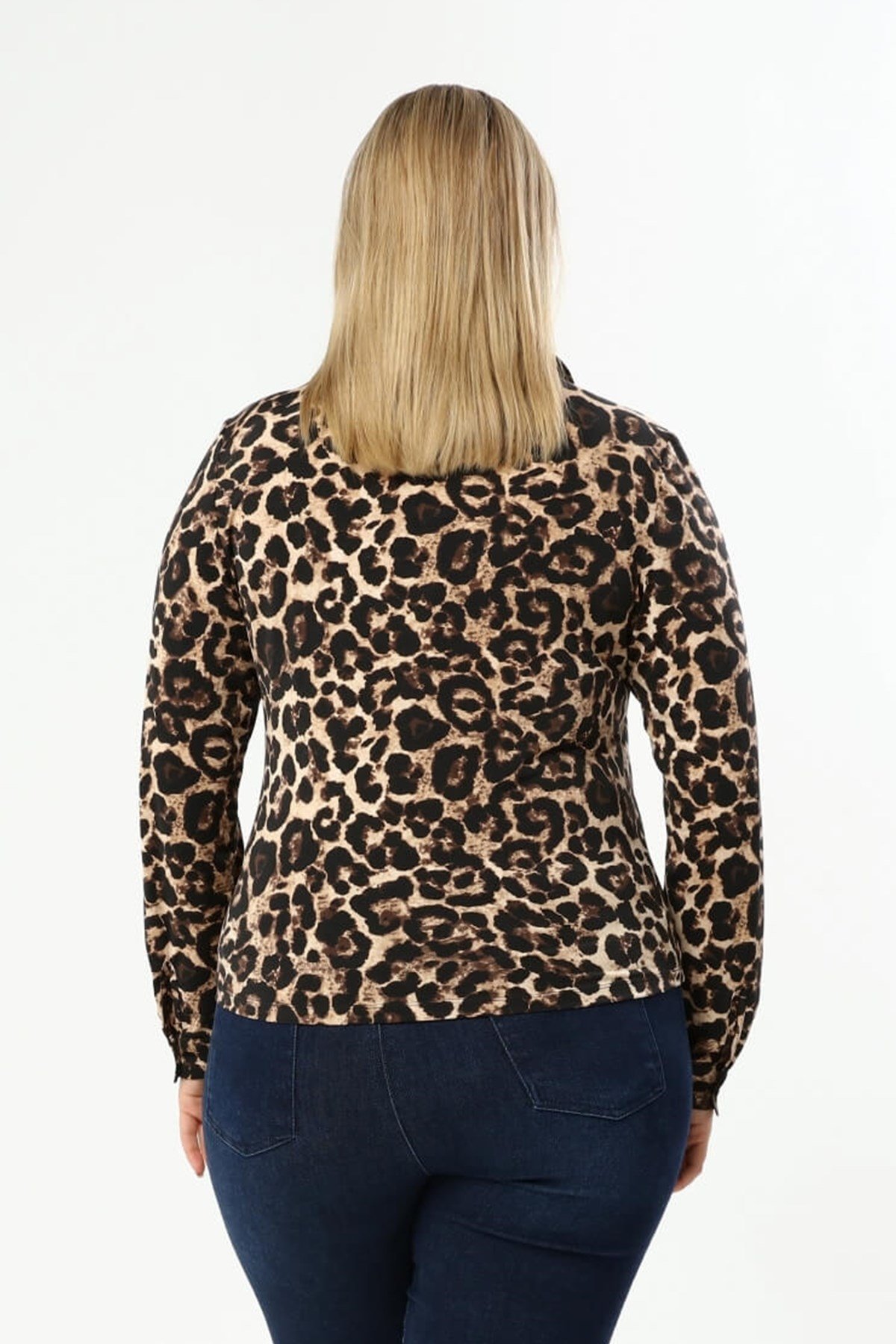 Myline-Pilili Leopar Desenli Bluz-Büyük Beden Bluz-77259