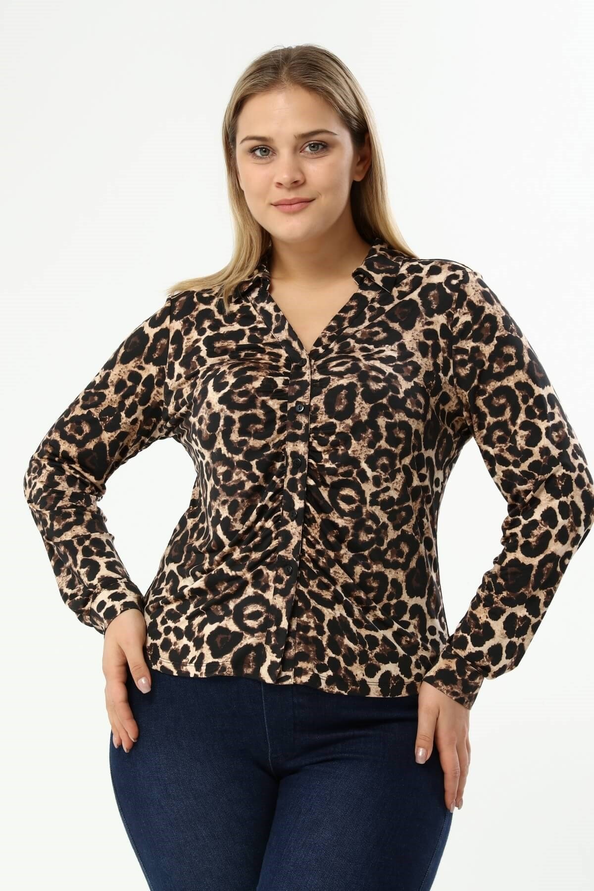 Myline-Pilili Leopar Desenli Bluz-Büyük Beden Bluz-77259