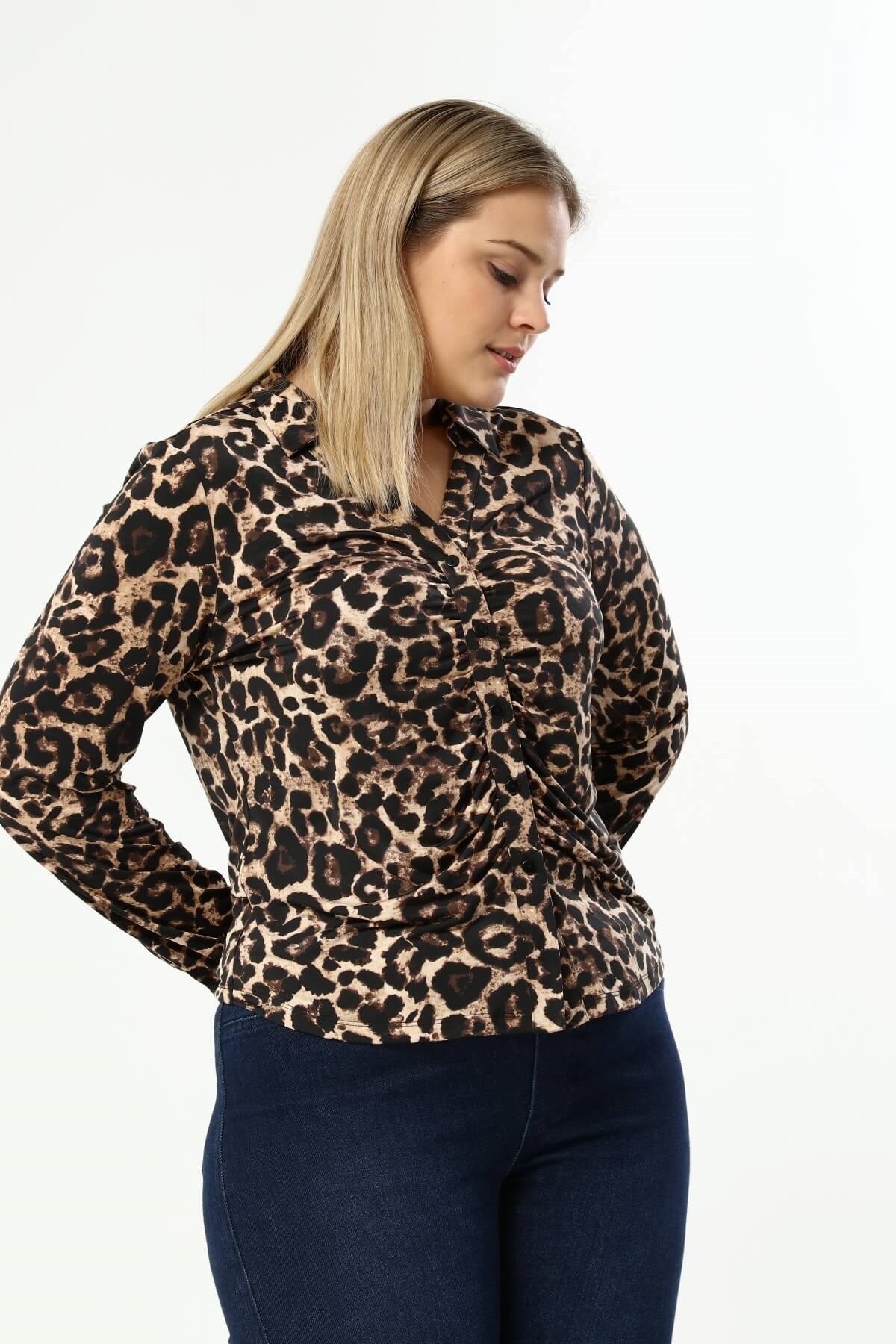 Myline-Pilili Leopar Desenli Bluz-Büyük Beden Bluz-77259