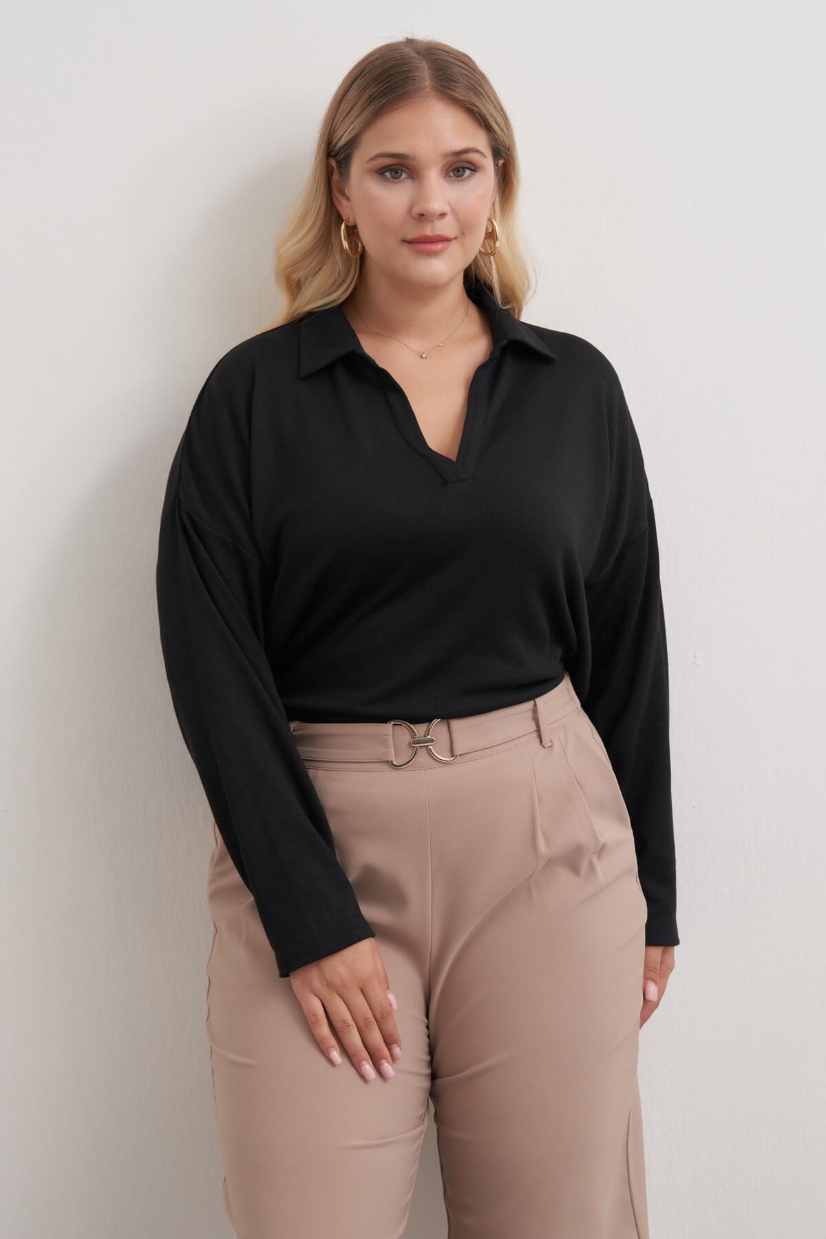 Myline-Polo Yaka Triko Bluz-Büyük Beden Bluz-149558