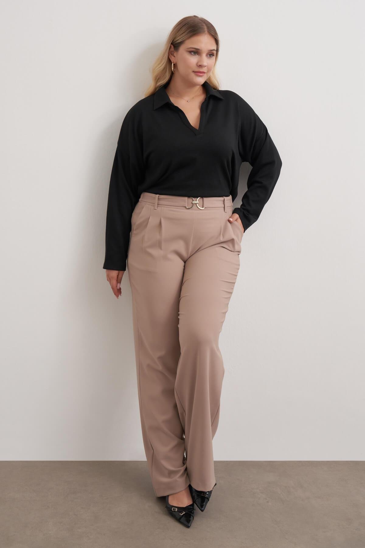 Myline-Polo Yaka Triko Bluz-Büyük Beden Bluz-149558