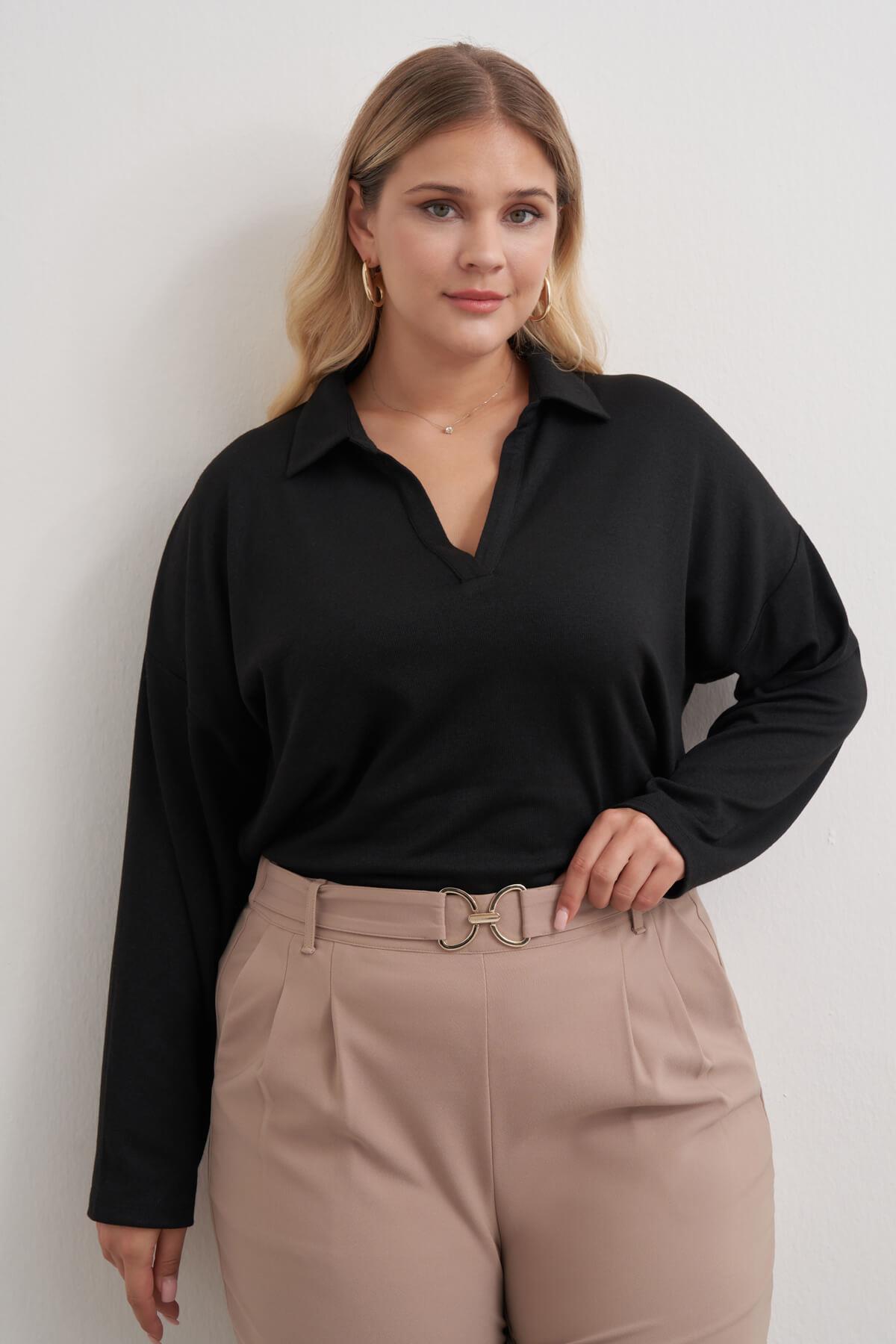 Myline-Polo Yaka Triko Bluz-Büyük Beden Bluz-149558