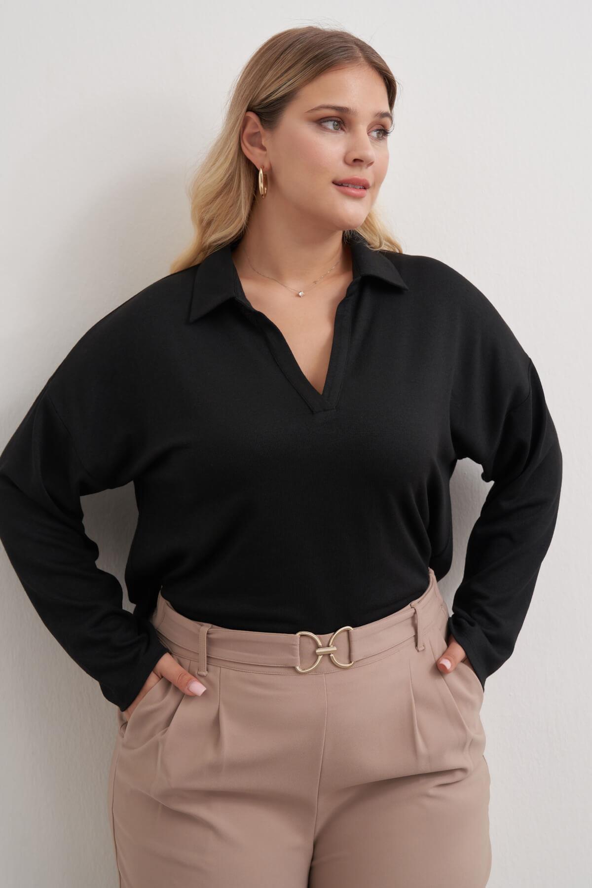 Myline-Polo Yaka Triko Bluz-Büyük Beden Bluz-149558