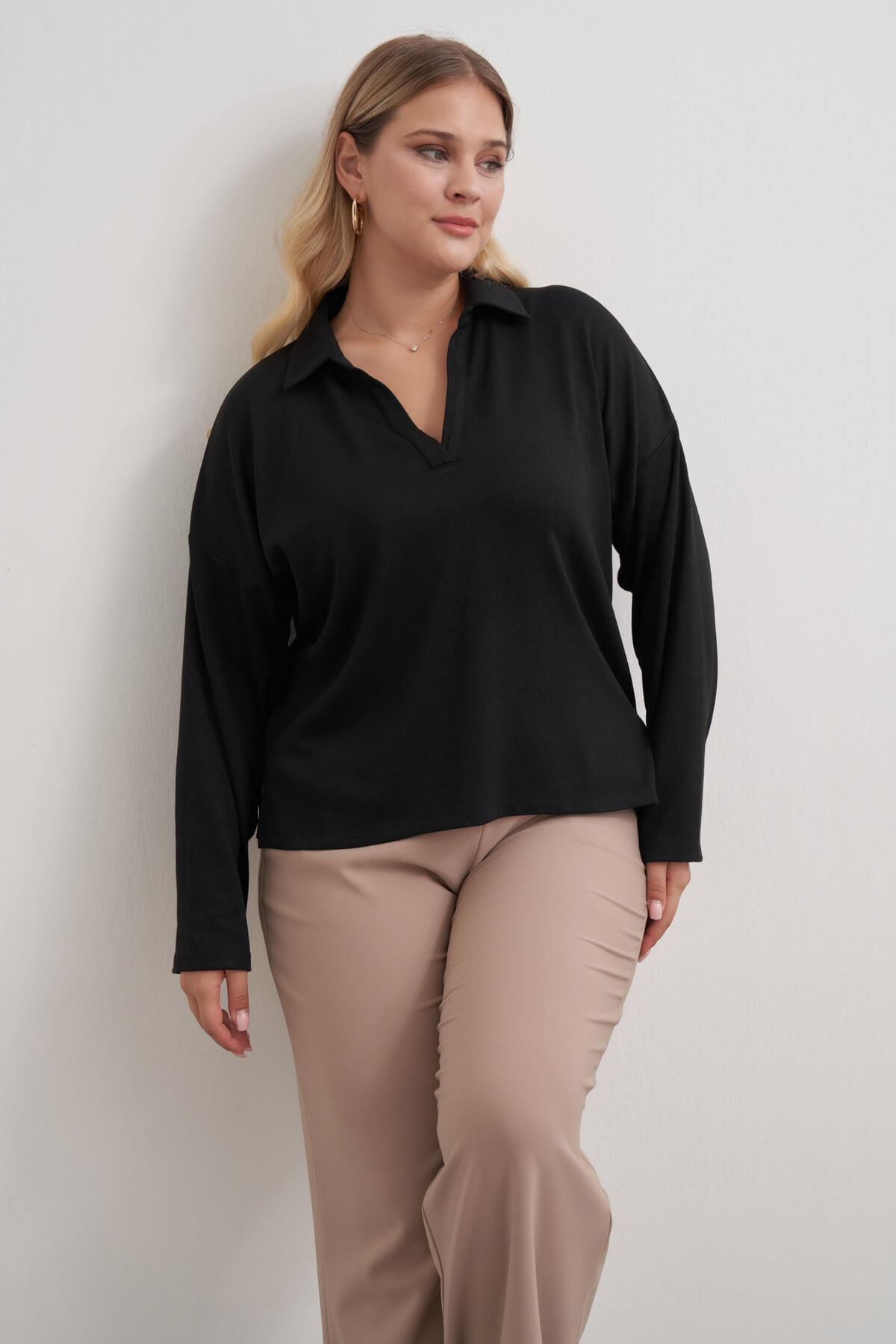 Myline-Polo Yaka Triko Bluz-Büyük Beden Bluz-149558