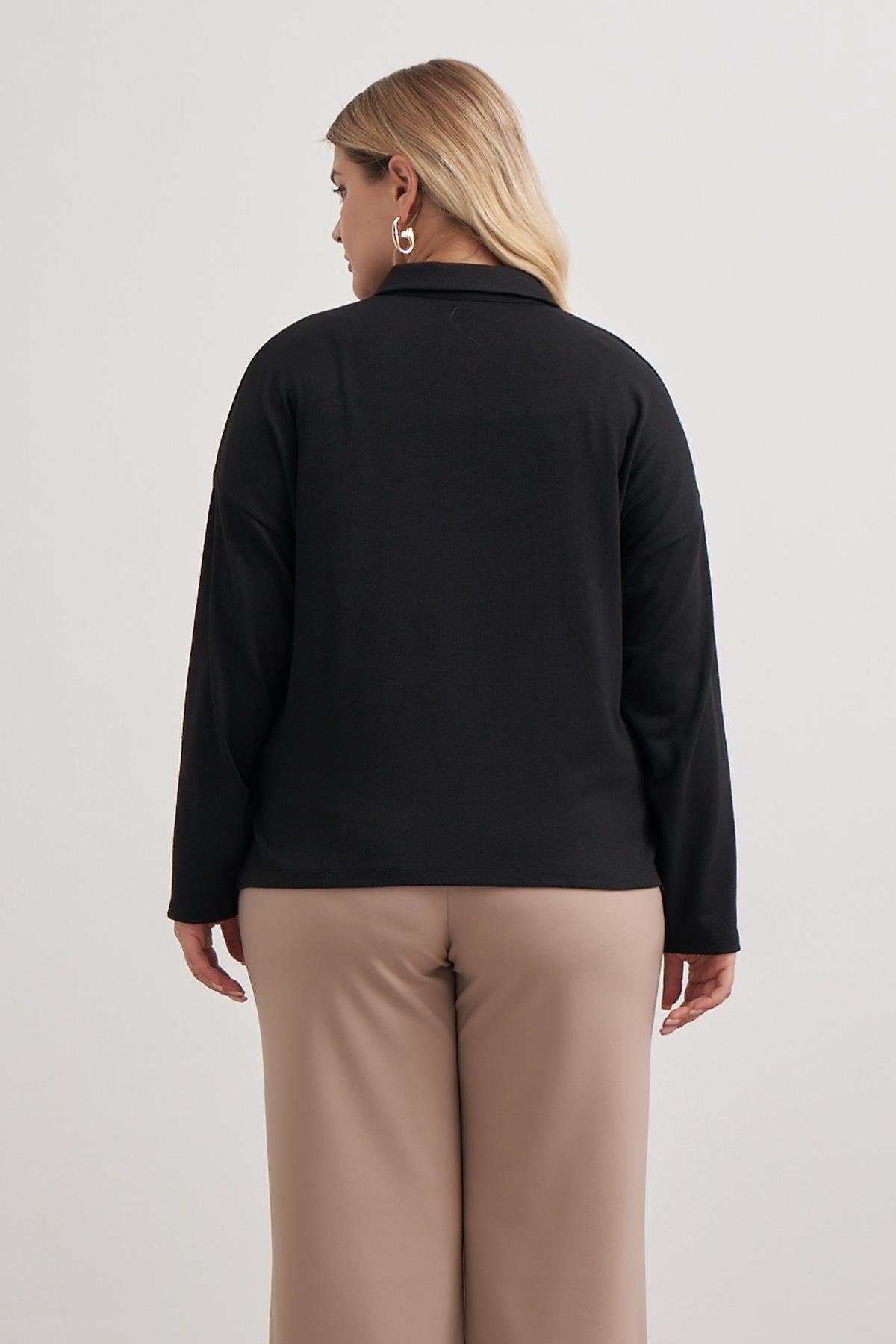 Myline-Polo Yaka Triko Bluz-Büyük Beden Bluz-149558