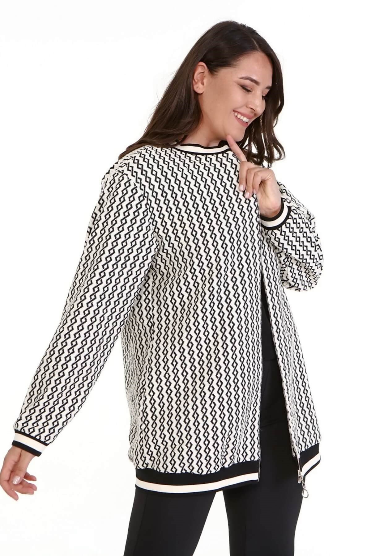 Myline-Ribana Detaylı Desenli Uzun Ceket-Büyük Beden Ceket-77085