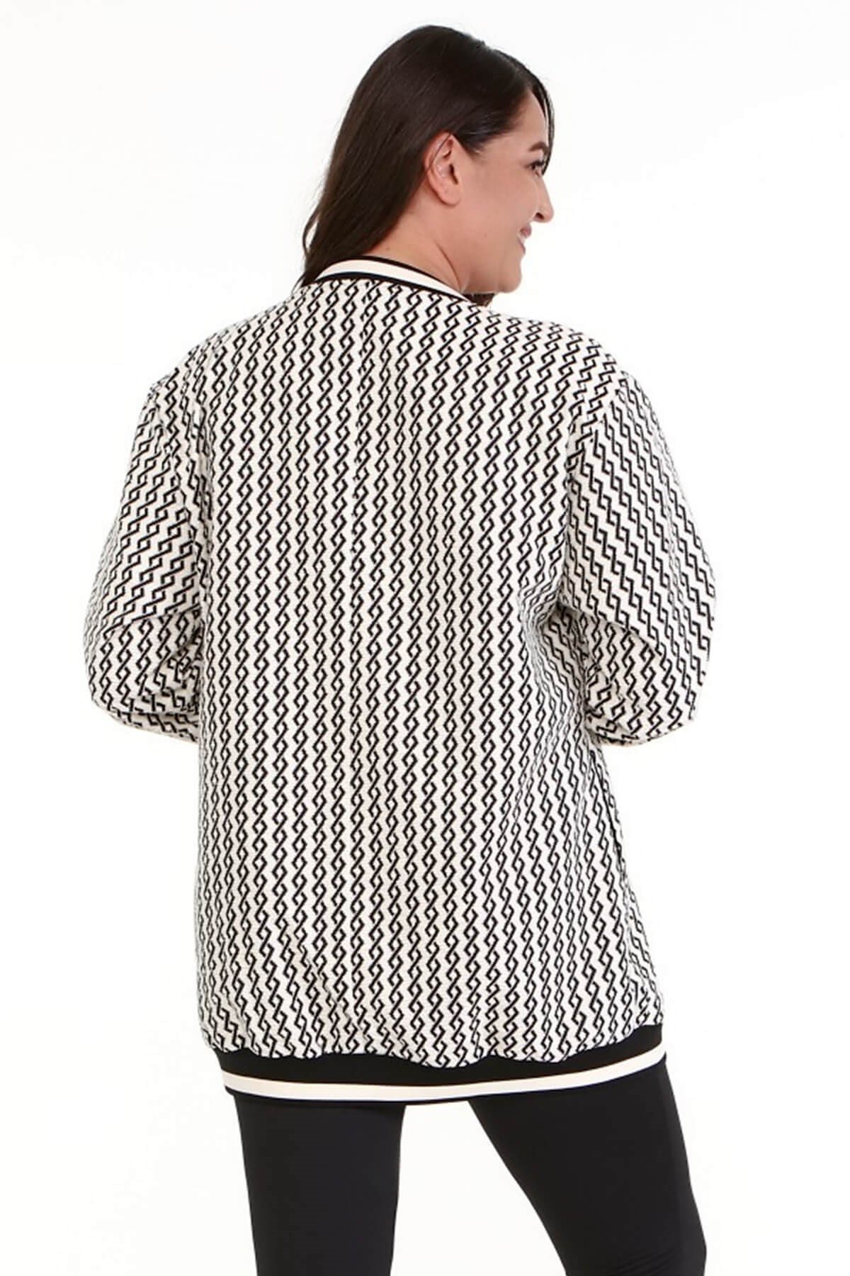 Myline-Ribana Detaylı Desenli Uzun Ceket-Büyük Beden Ceket-77085