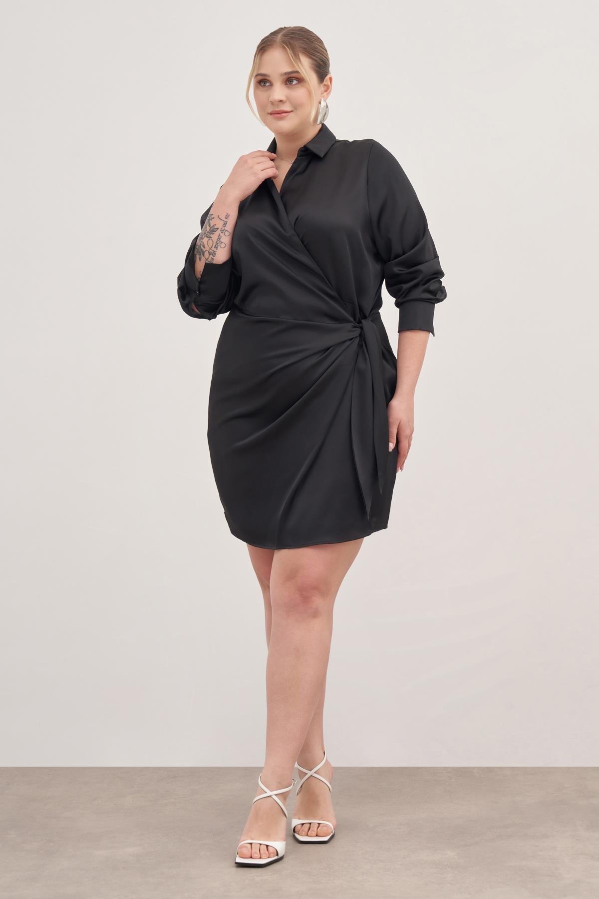 Myline-Saten Anvelop Bağlamalı Elbise-Büyük Beden Günlük Elbiseler-128861