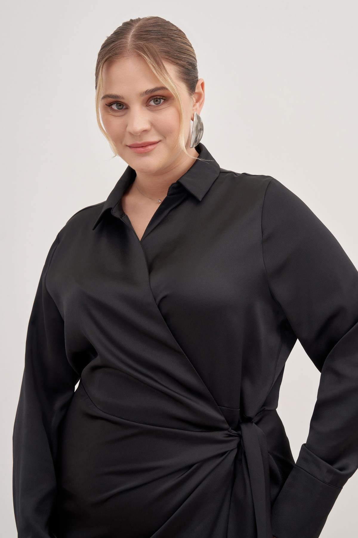 Myline-Saten Anvelop Bağlamalı Elbise-Büyük Beden Günlük Elbiseler-128861