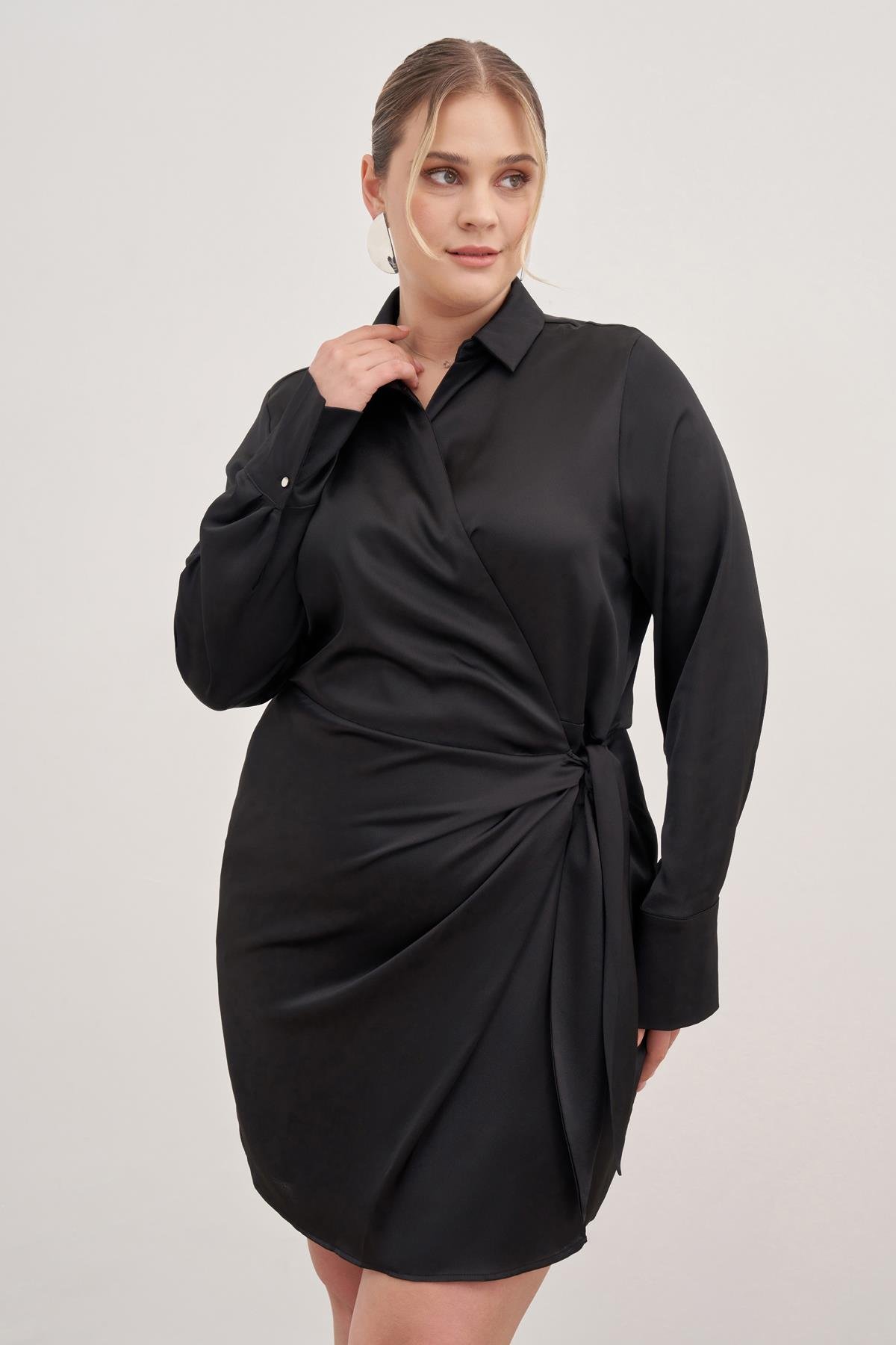 Myline-Saten Anvelop Bağlamalı Elbise-Büyük Beden Günlük Elbiseler-128861