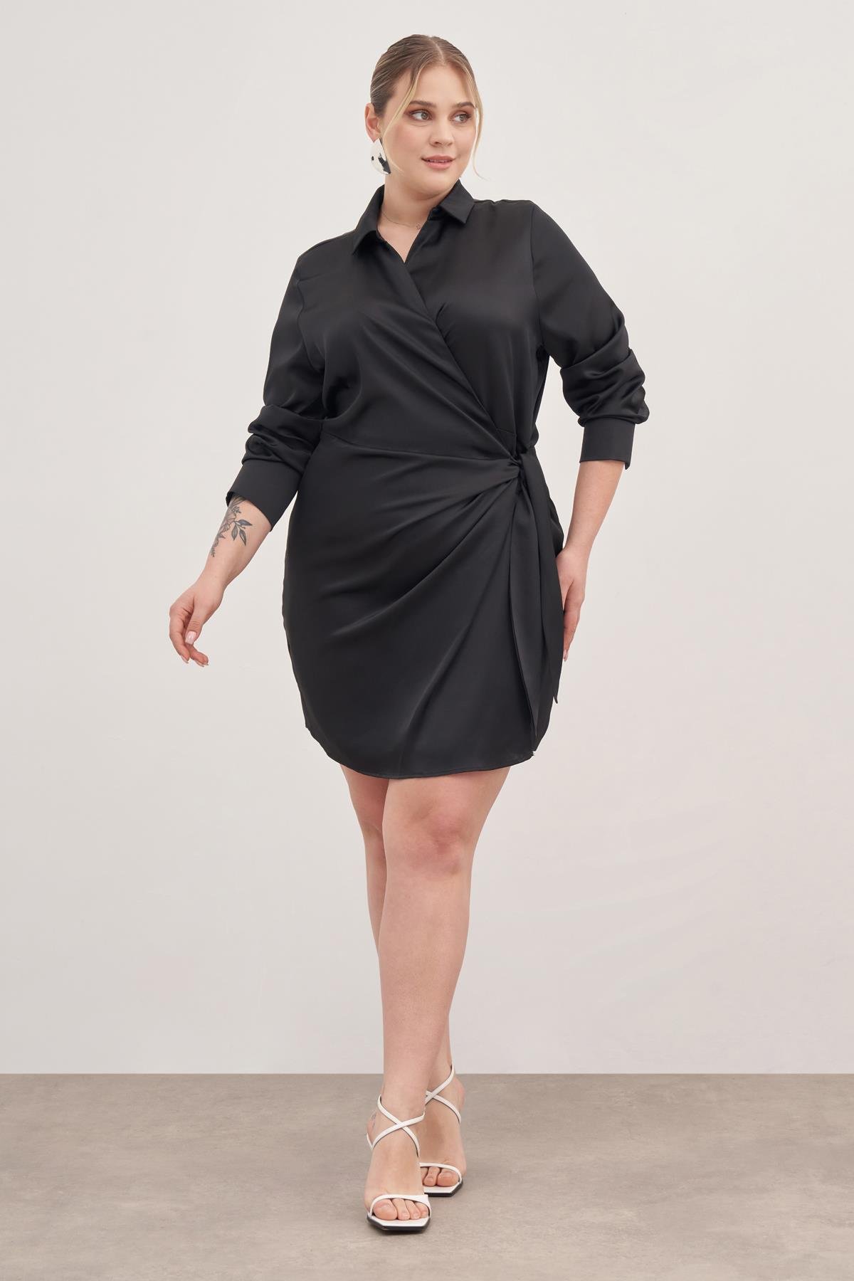 Myline-Saten Anvelop Bağlamalı Elbise-Büyük Beden Günlük Elbiseler-128861