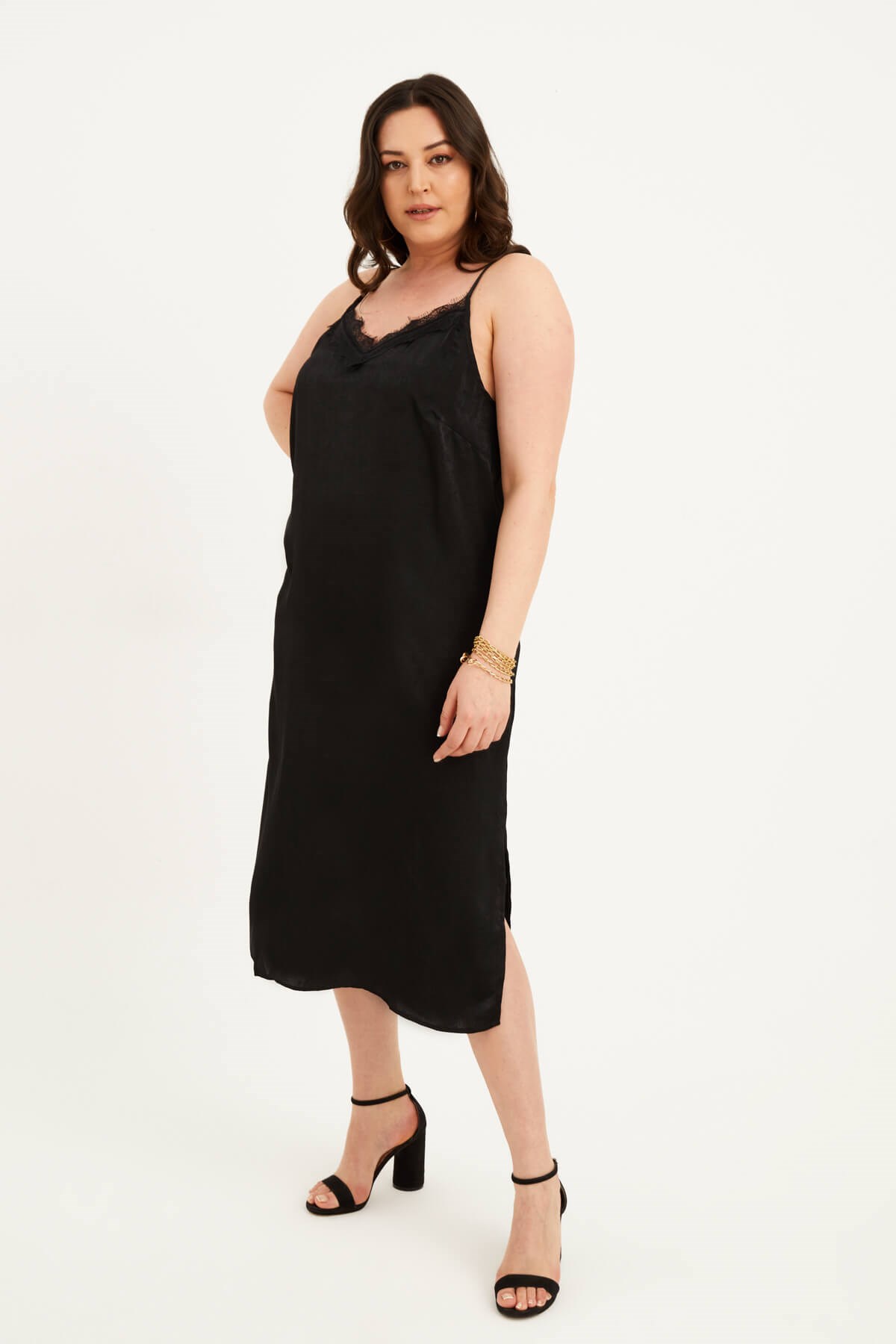 Myline-Saten Dantelli Arkası Çapraz Midi Elbise-Büyük Beden Abiye Elbise-77407