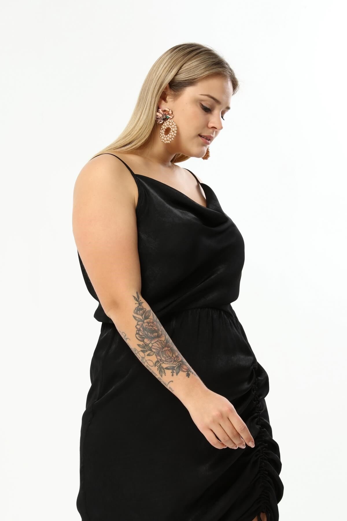 Myline-Saten Degaje Yaka Drape Detaylı Elbise-Büyük Beden Abiye Elbise-77278