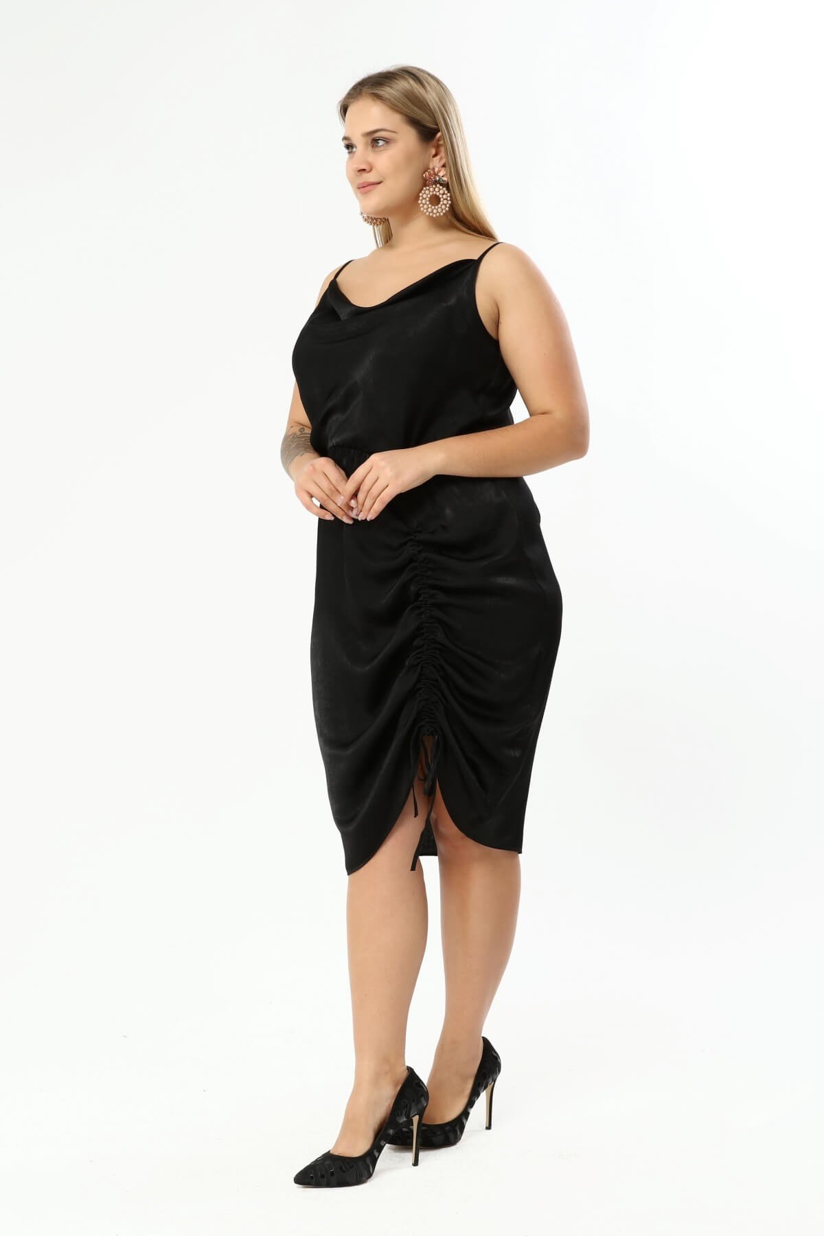 Myline-Saten Degaje Yaka Drape Detaylı Elbise-Büyük Beden Abiye Elbise-77278