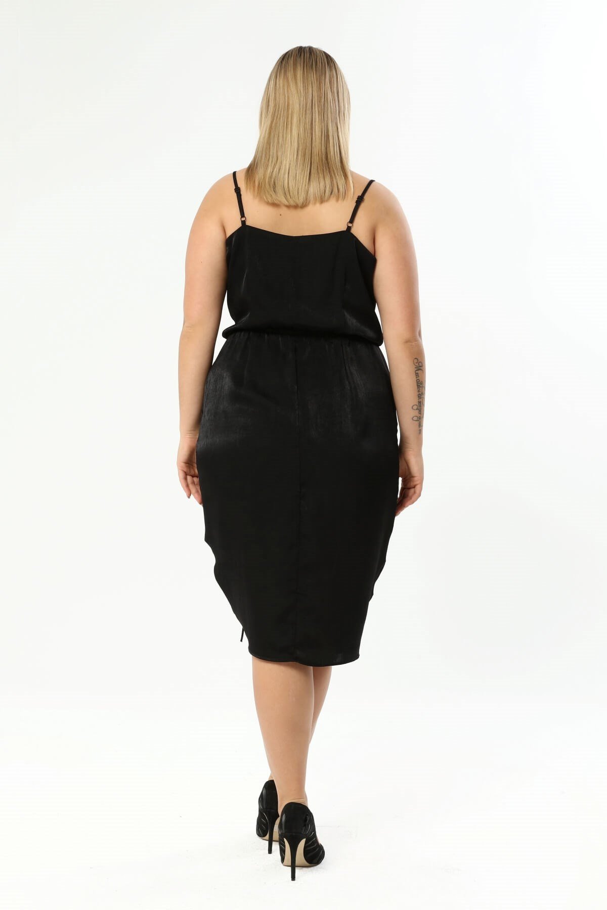 Myline-Saten Degaje Yaka Drape Detaylı Elbise-Büyük Beden Abiye Elbise-77278