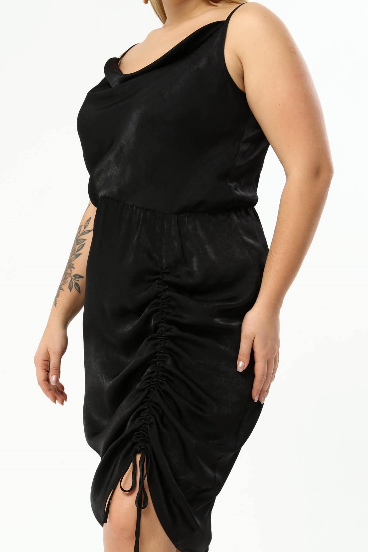 Myline-Saten Degaje Yaka Drape Detaylı Elbise-Büyük Beden Abiye Elbise-77278