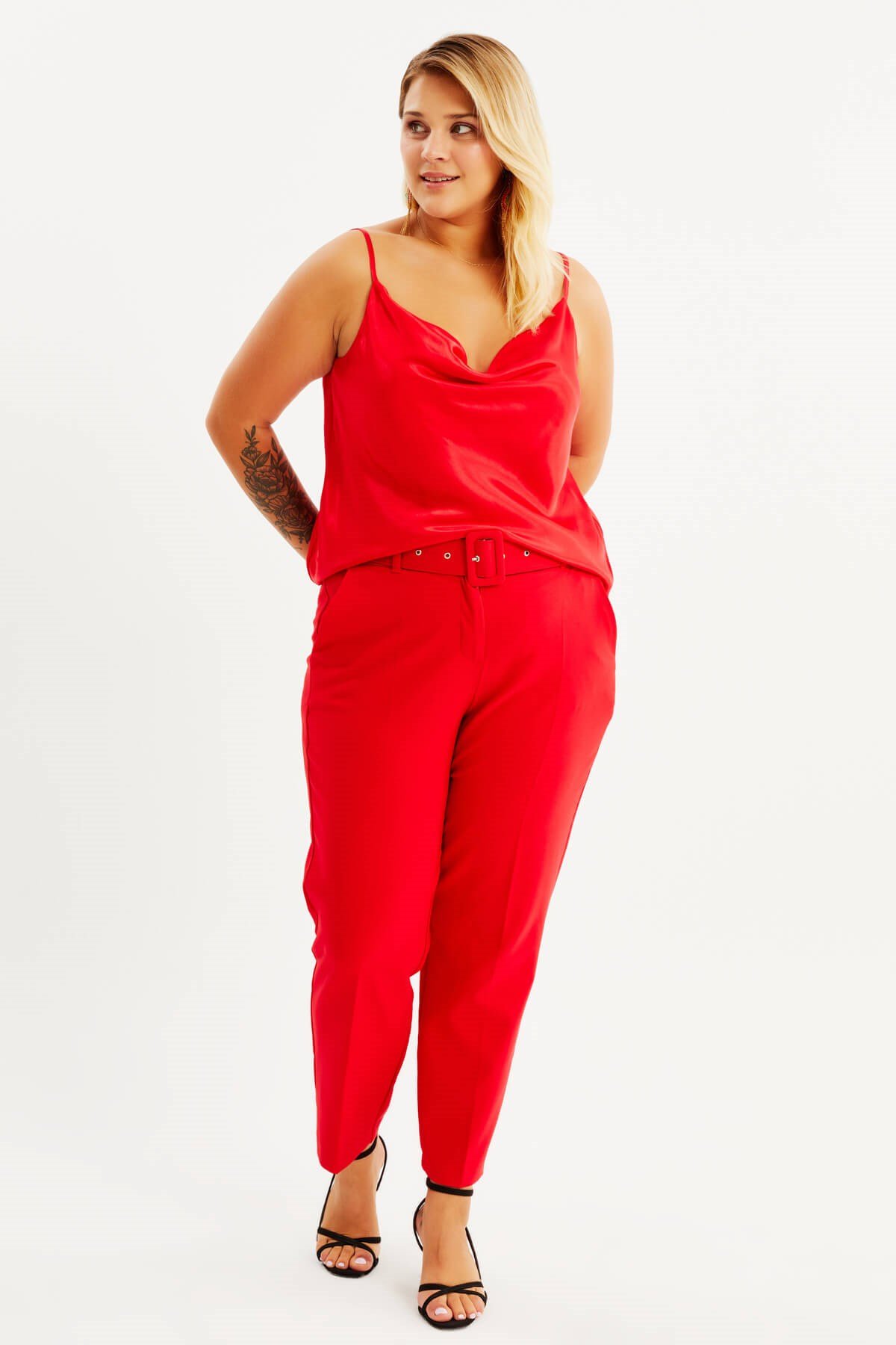 Myline-Saten Degaje Yaka İp Askılı Bluz-Büyük Beden Bluz-77801