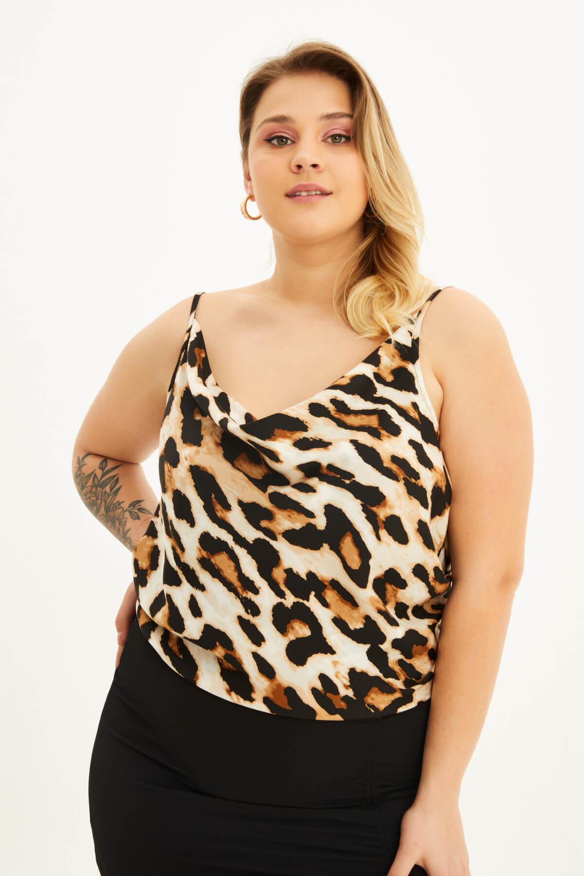 Myline-Saten Degaje Yaka İp Askılı Bluz-Büyük Beden Bluz-88146