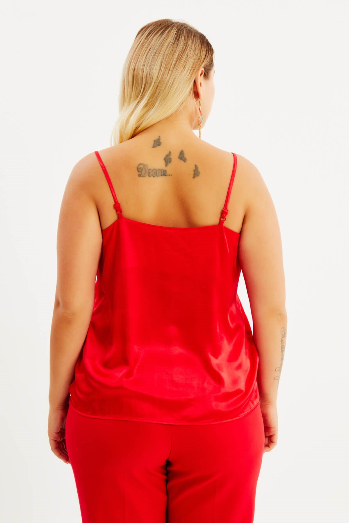 Myline-Saten Degaje Yaka İp Askılı Bluz-Büyük Beden Bluz-77801