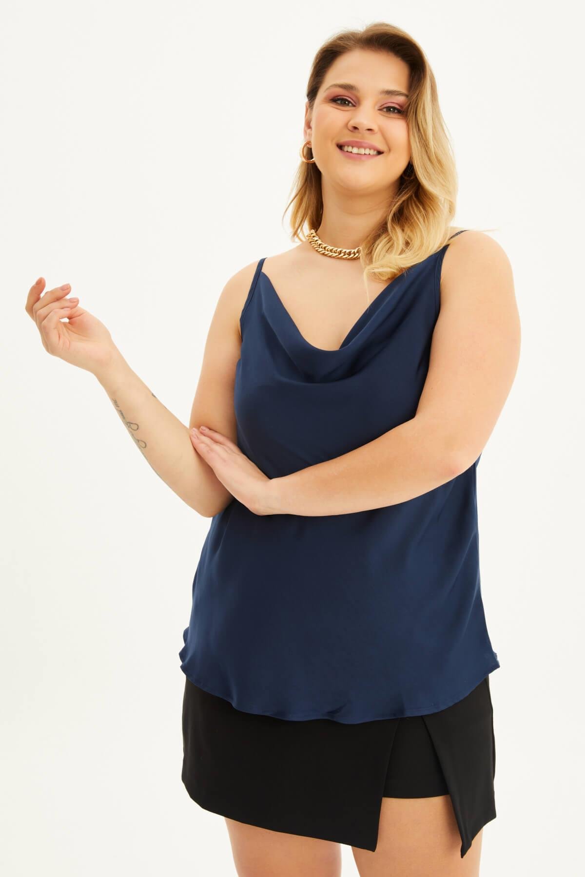 Myline-Saten Degaje Yaka İp Askılı Bluz-Büyük Beden Bluz-98319