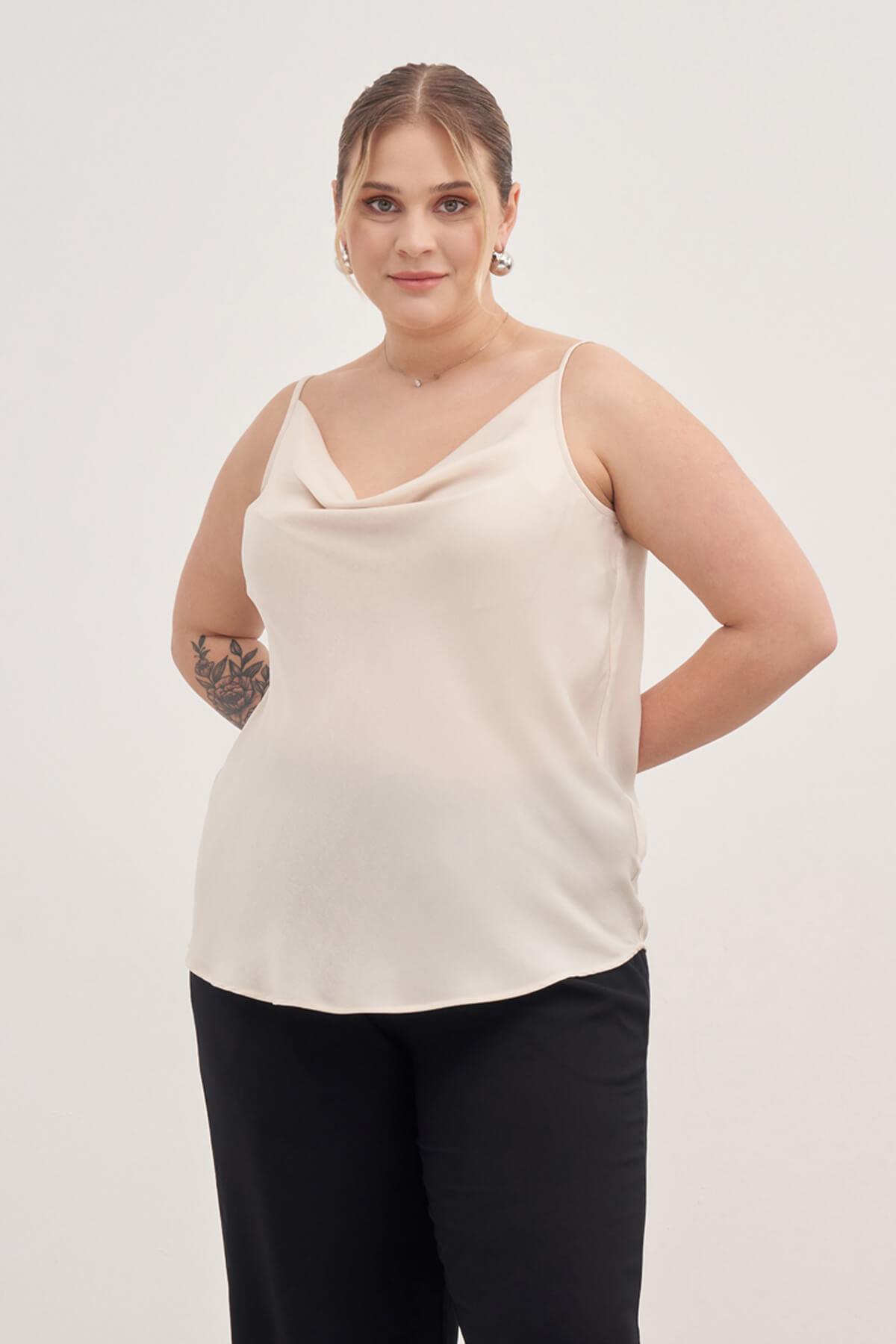 Myline-Saten Degaje Yaka İp Askılı Bluz-Büyük Beden Bluz-139138