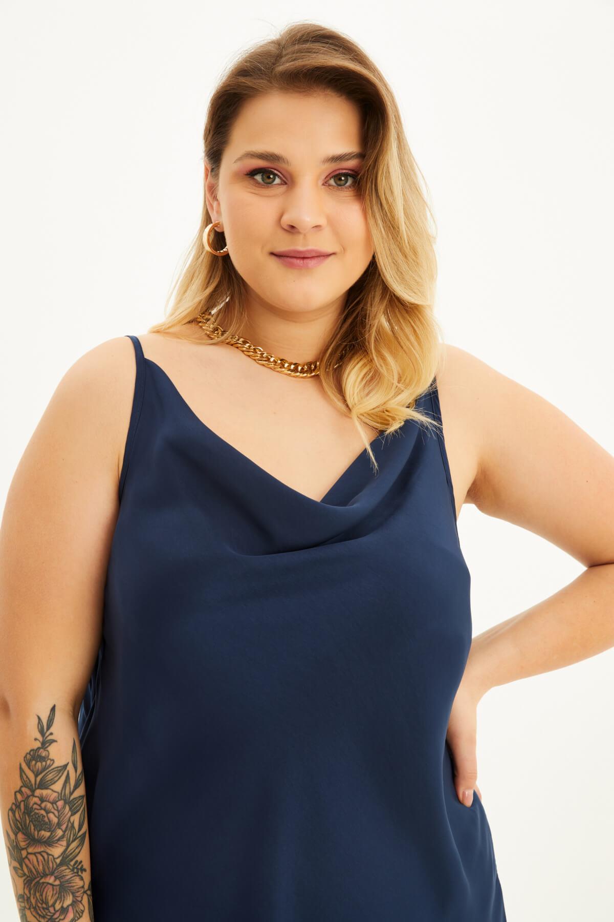 Myline-Saten Degaje Yaka İp Askılı Bluz-Büyük Beden Bluz-98319