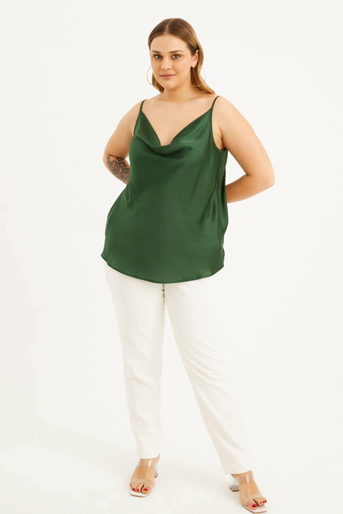 Myline-Saten Degaje Yaka İp Askılı Bluz-Büyük Beden Bluz-77410