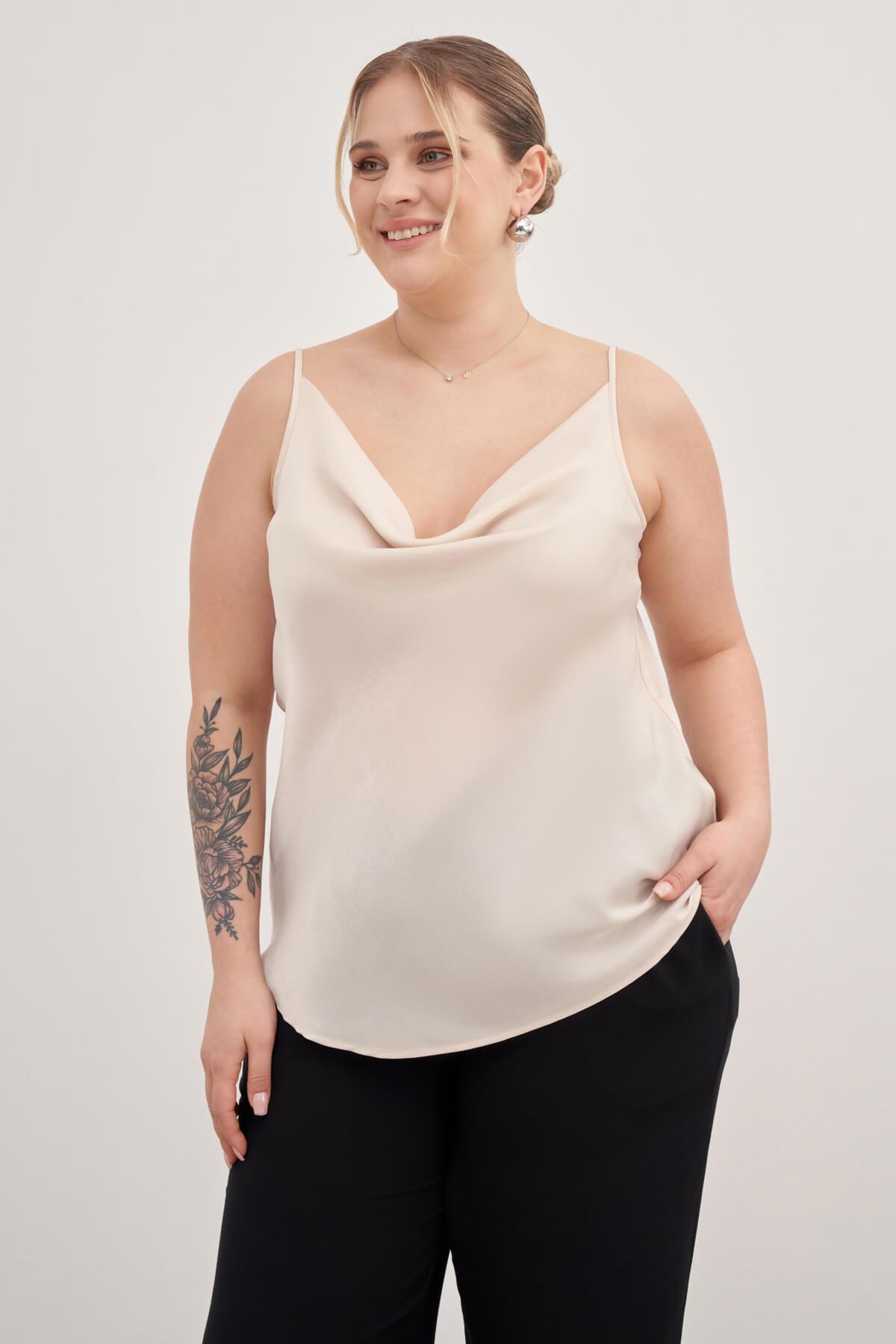 Myline-Saten Degaje Yaka İp Askılı Bluz-Büyük Beden Bluz-139138