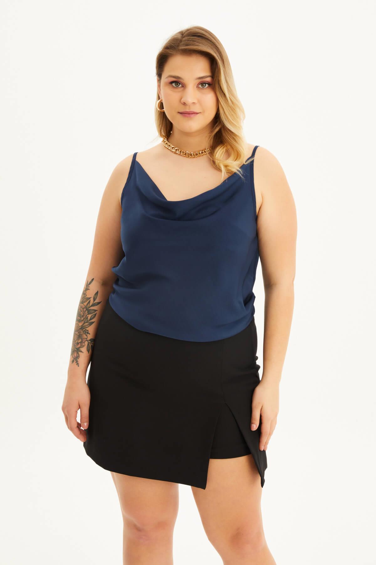 Myline-Saten Degaje Yaka İp Askılı Bluz-Büyük Beden Bluz-98319