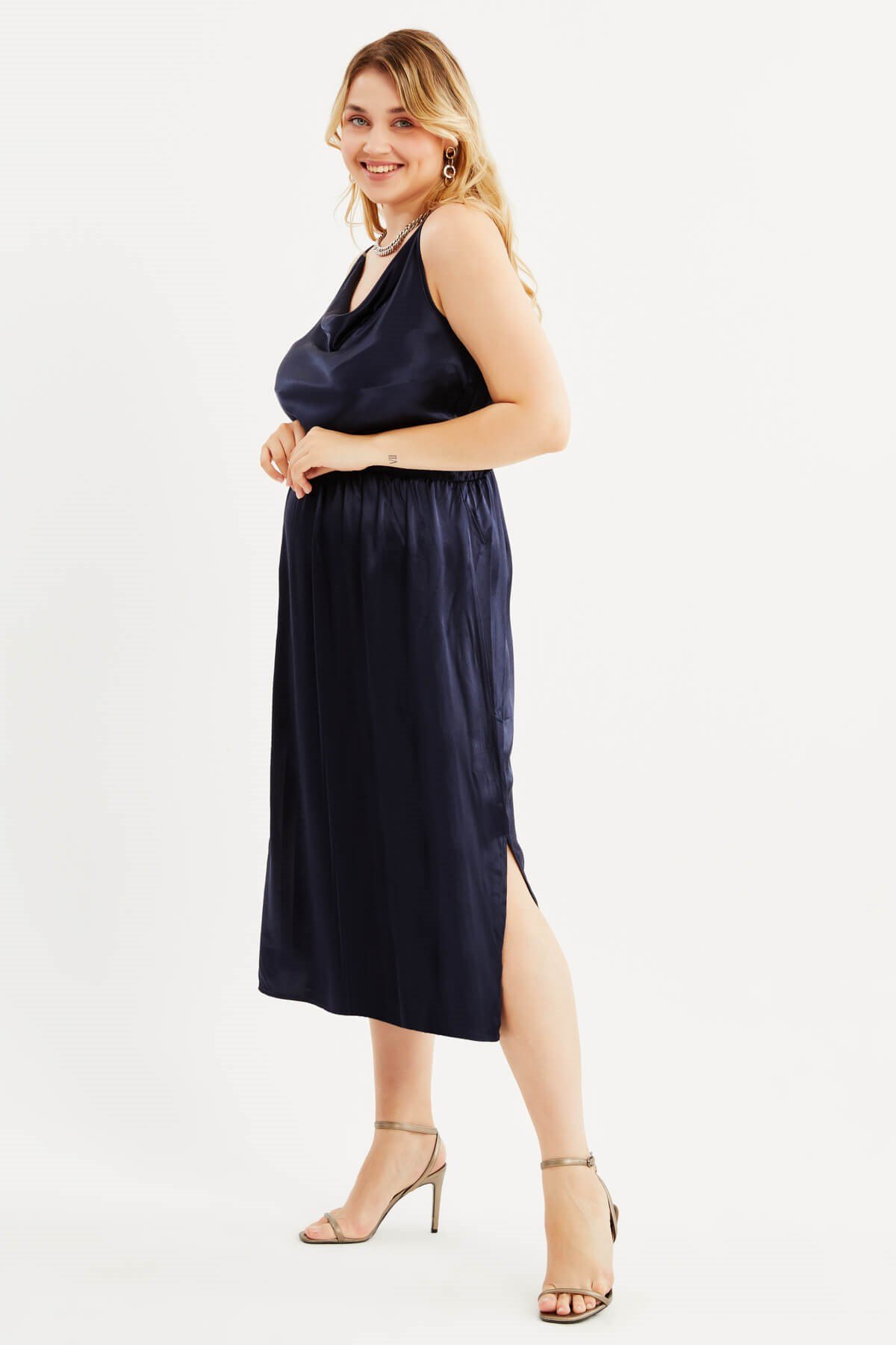 Myline-Saten Degaje Yaka Yırtmaçlı Elbise-Büyük Beden Abiye Elbise-87938