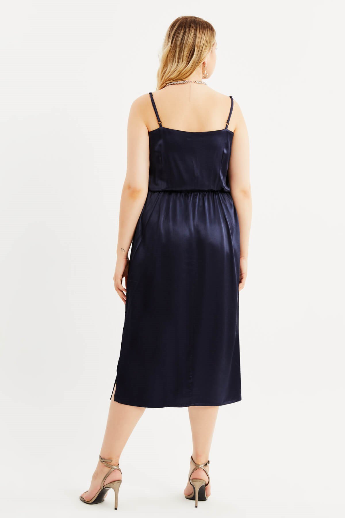 Myline-Saten Degaje Yaka Yırtmaçlı Elbise-Büyük Beden Abiye Elbise-87938