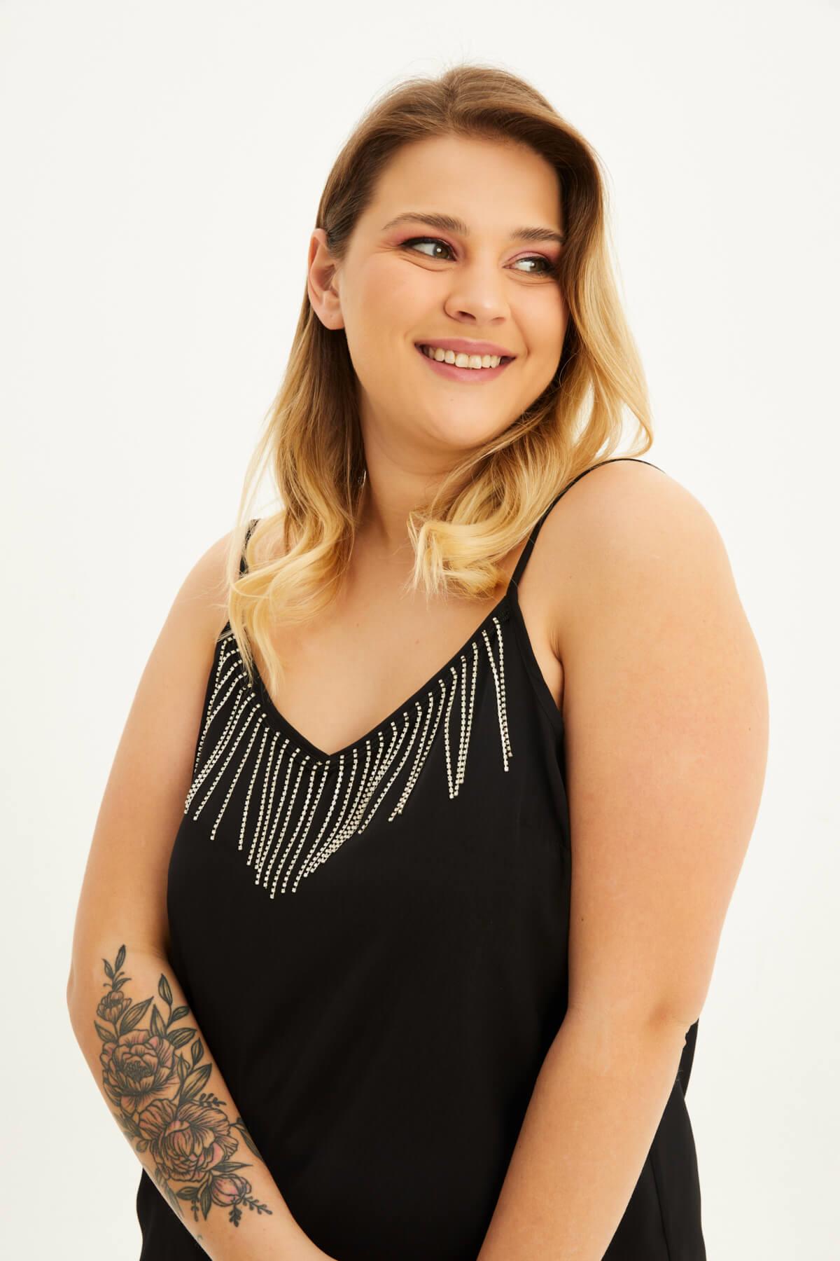 Myline-Saten İp Askılı Zincirli Bluz-Büyük Beden Bluz-118478