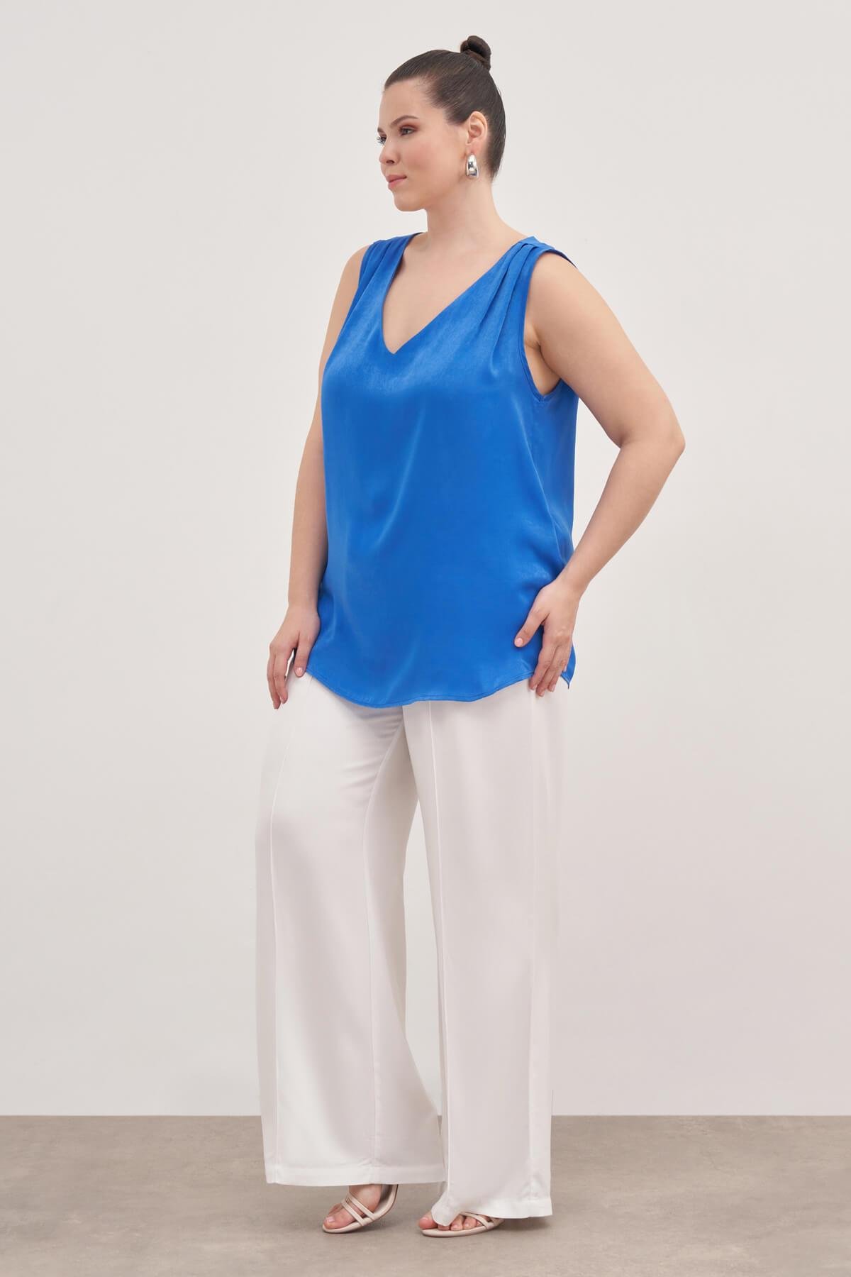 Myline-Saten Pile Detay Bluz-Büyük Beden Bluz-139150