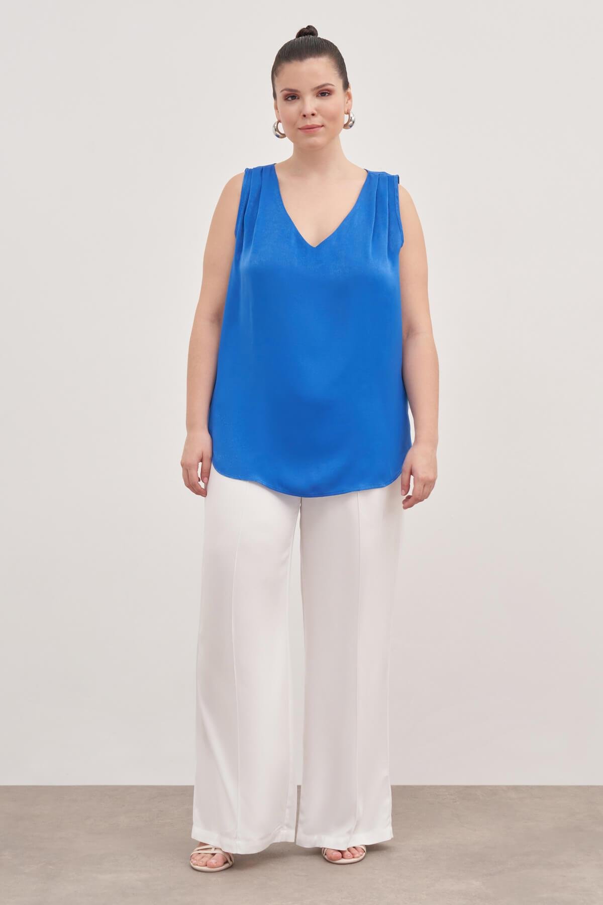 Myline-Saten Pile Detay Bluz-Büyük Beden Bluz-139150