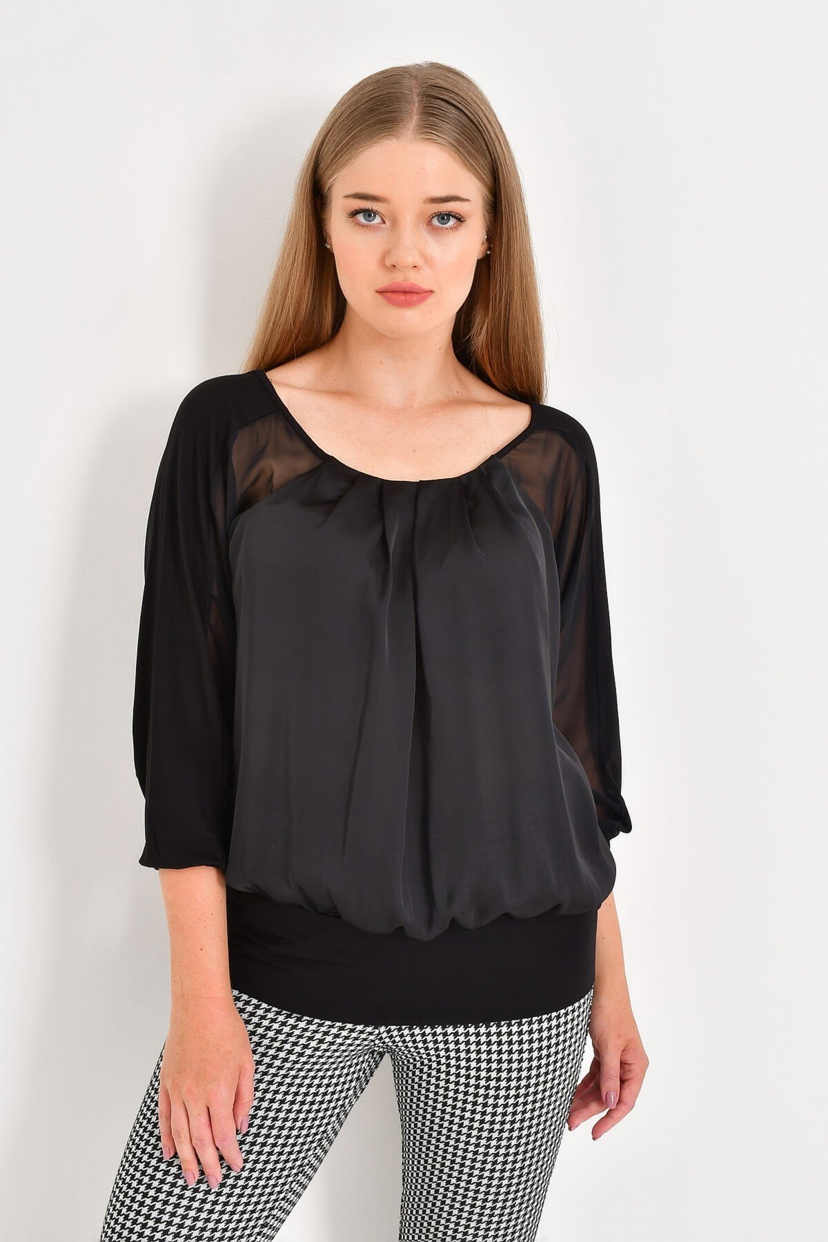 Myline-Saten, Şifon Ve Penye Kombinli Bluz-Büyük Beden Bluz-12430-m