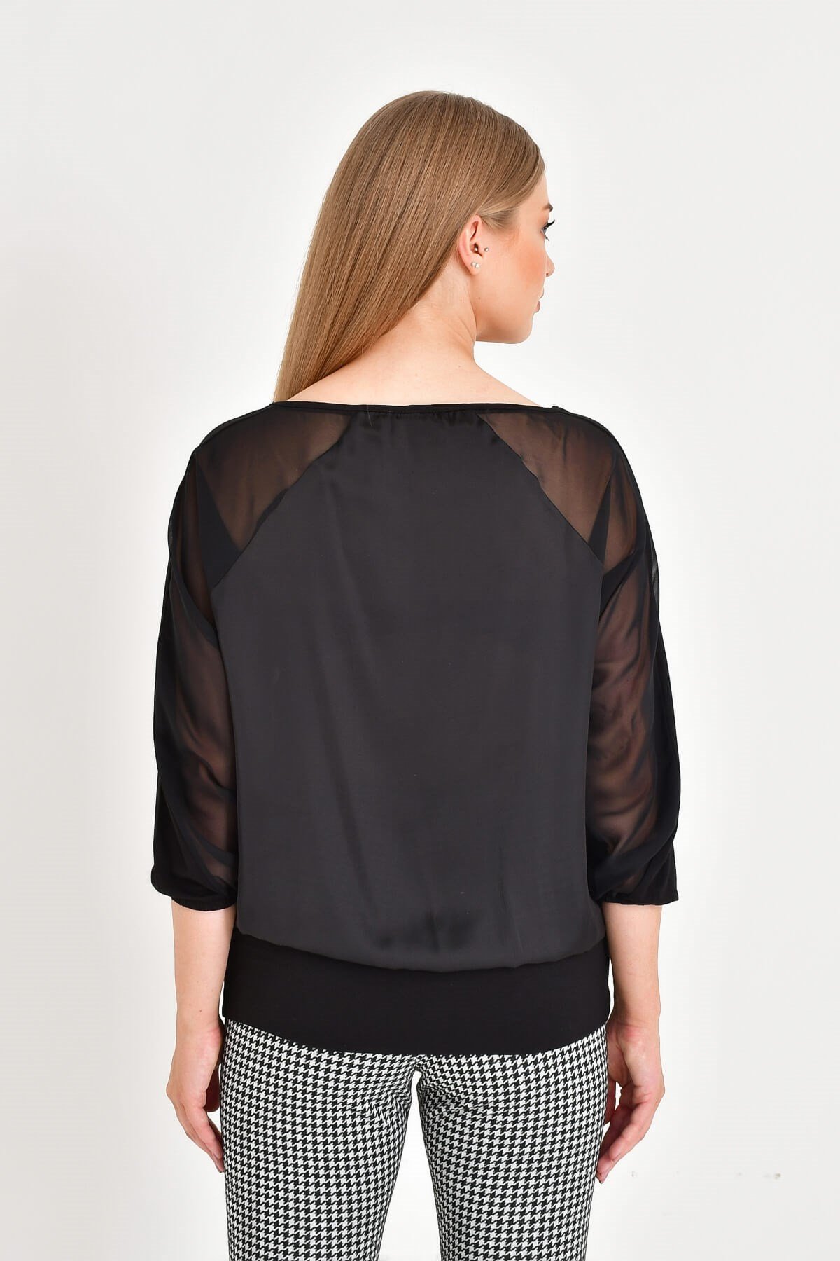 Myline-Saten, Şifon Ve Penye Kombinli Bluz-Büyük Beden Bluz-12430-m