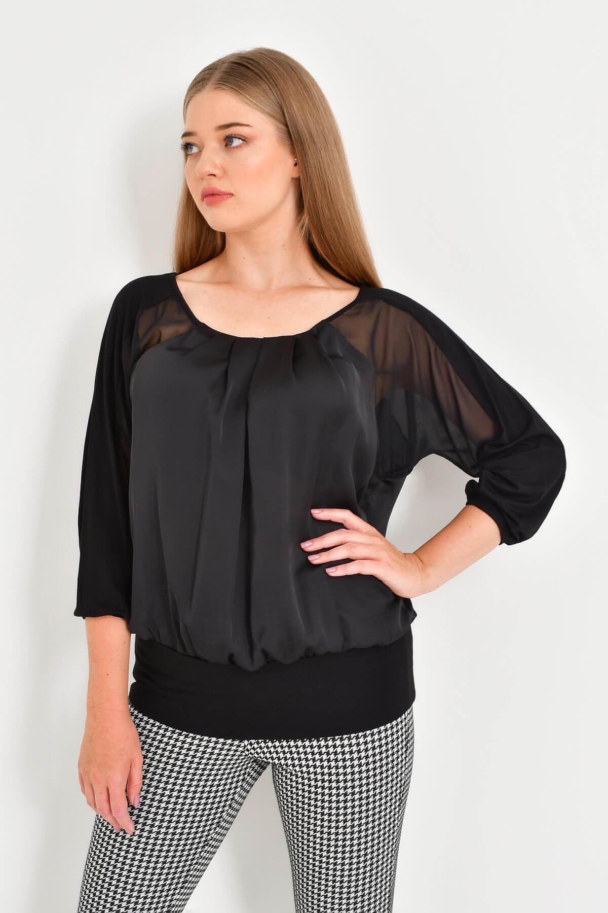 Myline-Saten, Şifon Ve Penye Kombinli Bluz-Büyük Beden Bluz-12430-m