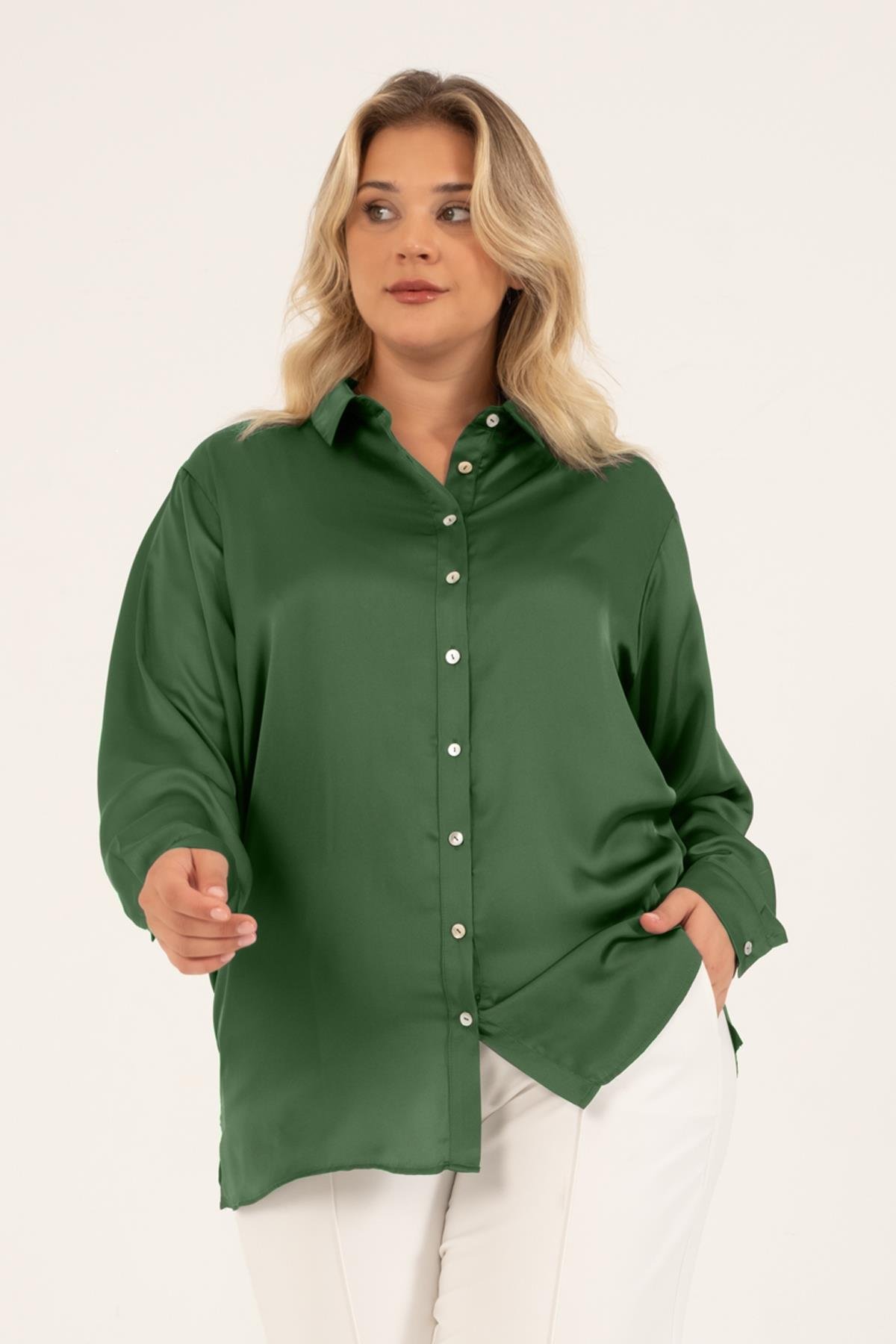 Myline-Saten Uzun Kollu Gömlek -Büyük Beden Gömlek-128681