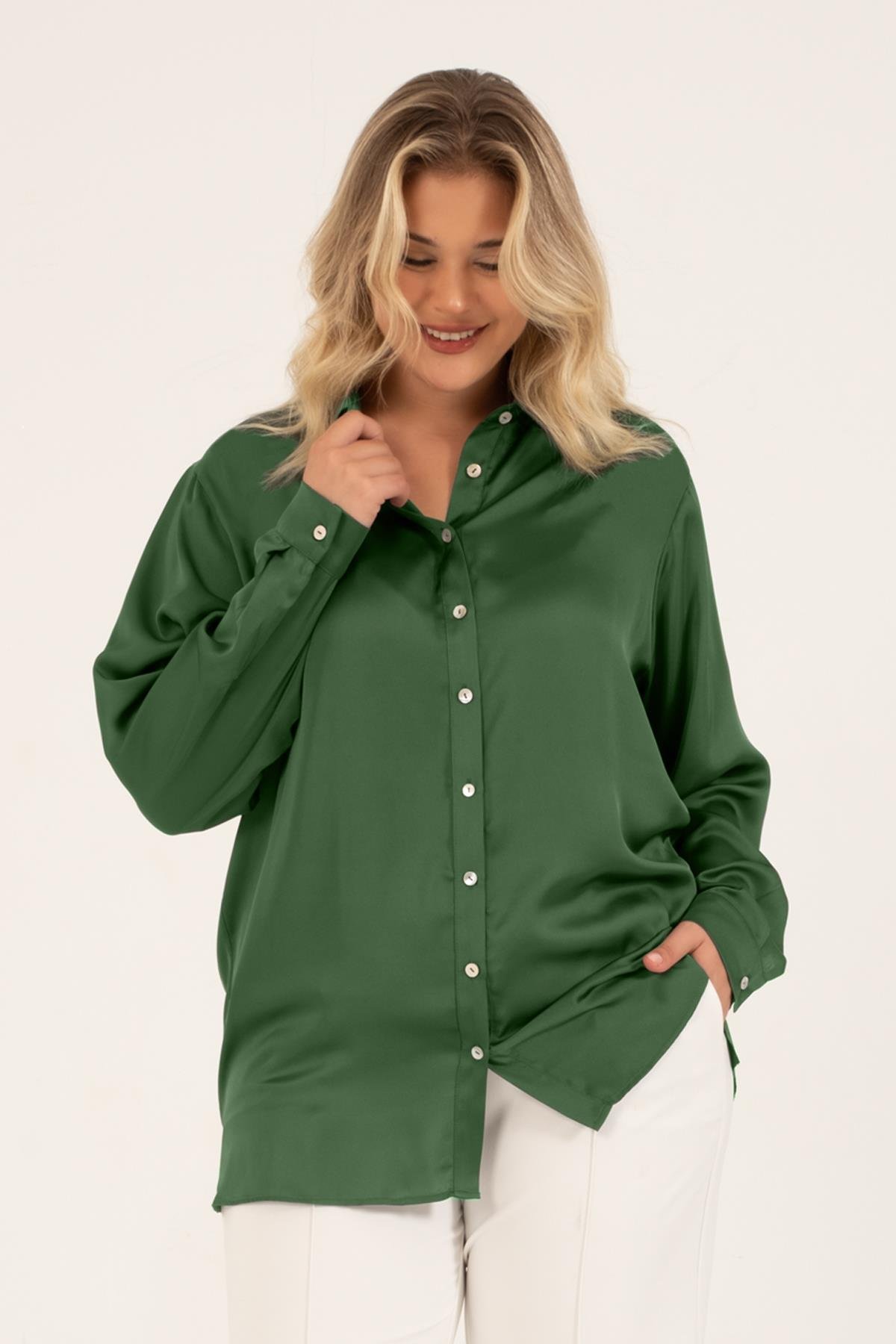 Myline-Saten Uzun Kollu Gömlek -Büyük Beden Gömlek-128681