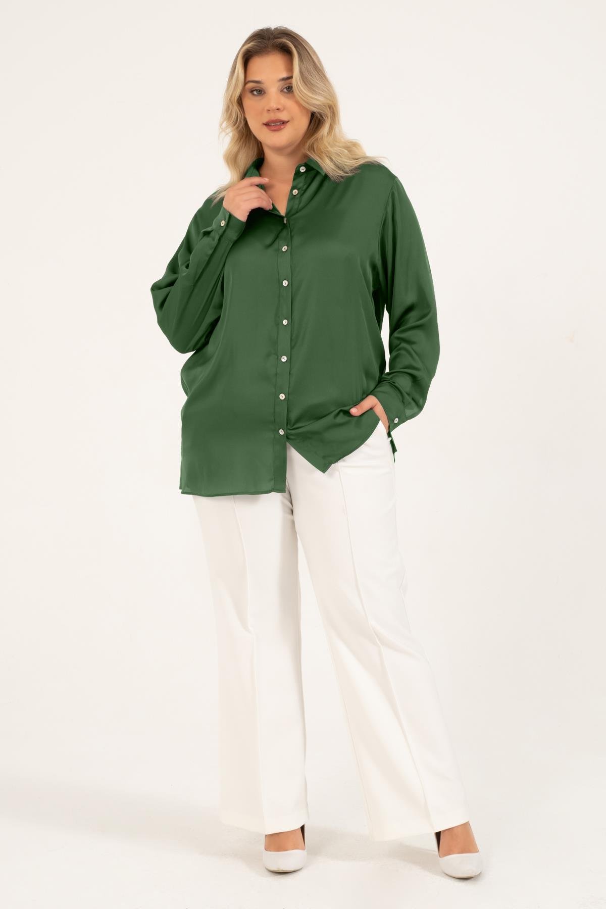 Myline-Saten Uzun Kollu Gömlek -Büyük Beden Gömlek-128681