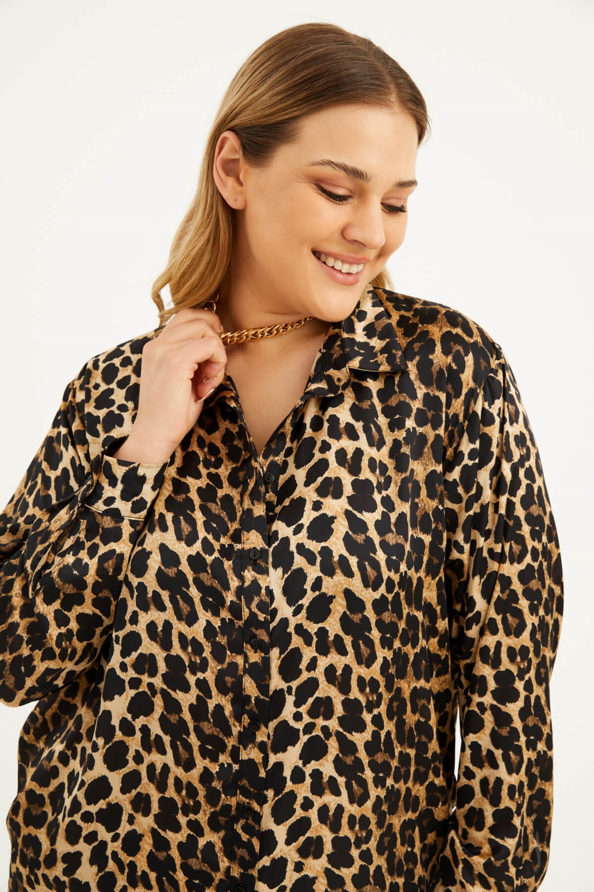 Myline-Saten Uzun Kollu Gömlek -Büyük Beden Gömlek-77340