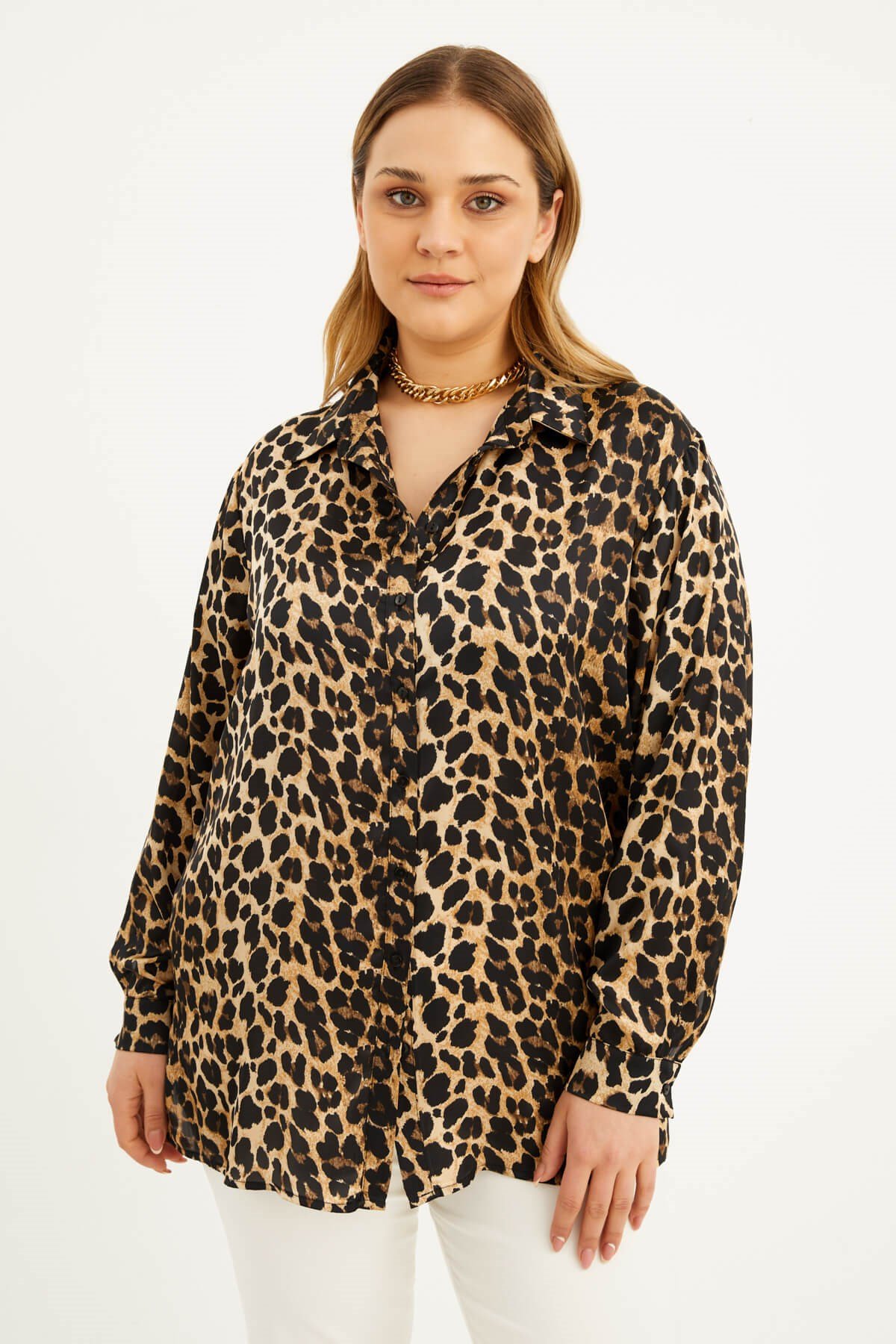 Myline-Saten Uzun Kollu Gömlek -Büyük Beden Gömlek-77340